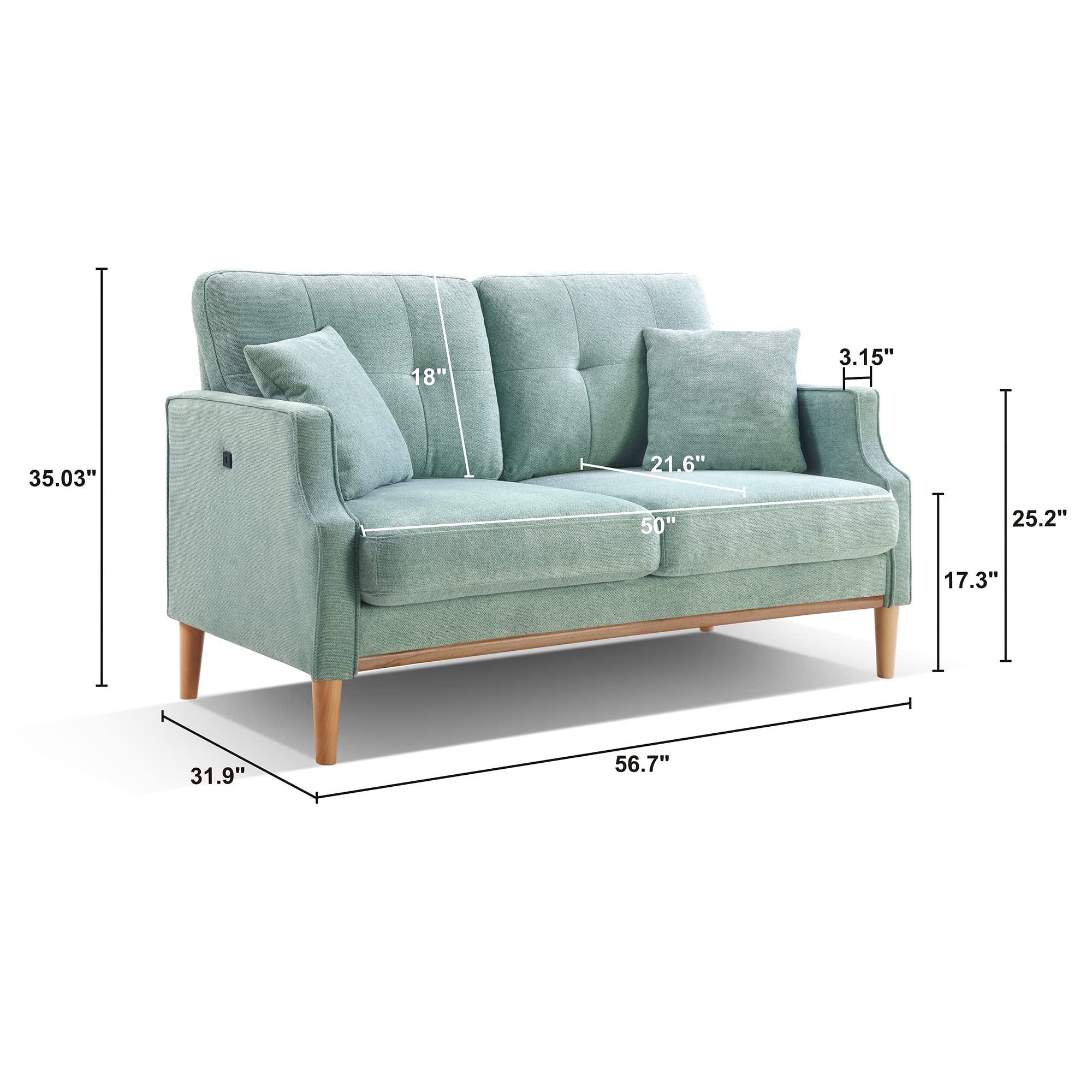 Modern 2-Seater Upholstered Sofa with Wood Legs & 2 Pillows - Linen Fabric Sectional Couch for Small Spaces - Perfect for Living Room, Bedroom, Apartment, Dorm & Office - Blue (Ideal for Compact Homes, Cozy Lounging & Small Space Decor)