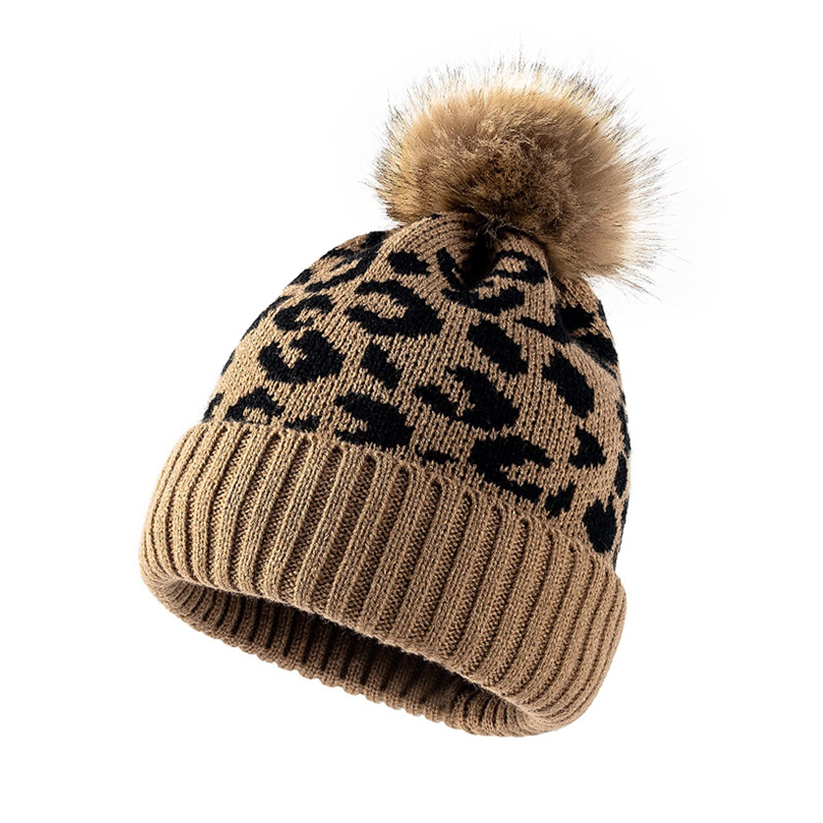 Women's Winter Knit Beanie Hat - Slouchy Leopard Print Skull Cap with Faux Fur Pom Pom - Warm Fleece Lined Beanie for Skiing, Snowboarding & Cold Weather Fashion