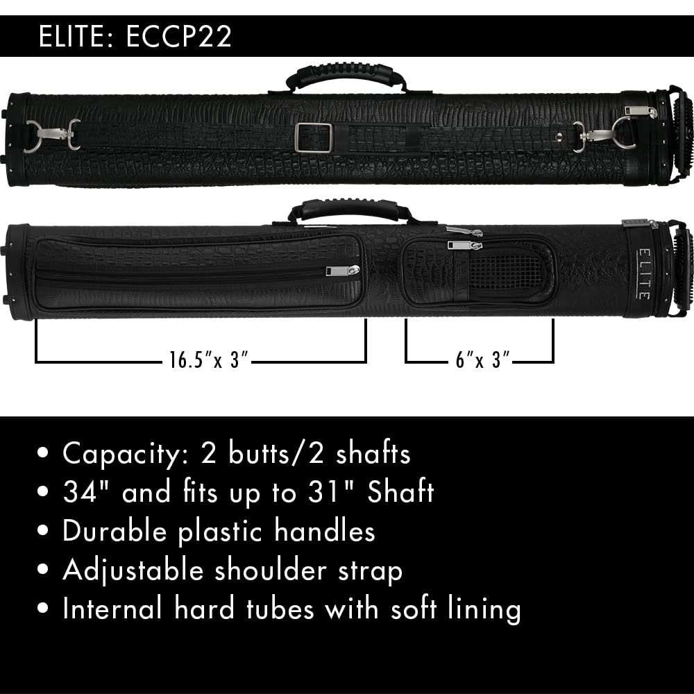 ELITE 2 Butts & 2 Shafts Vinyl Pool Cue Case with Phone Pouch - Durable Billiard Accessory for Pool Players & Tournament Travel