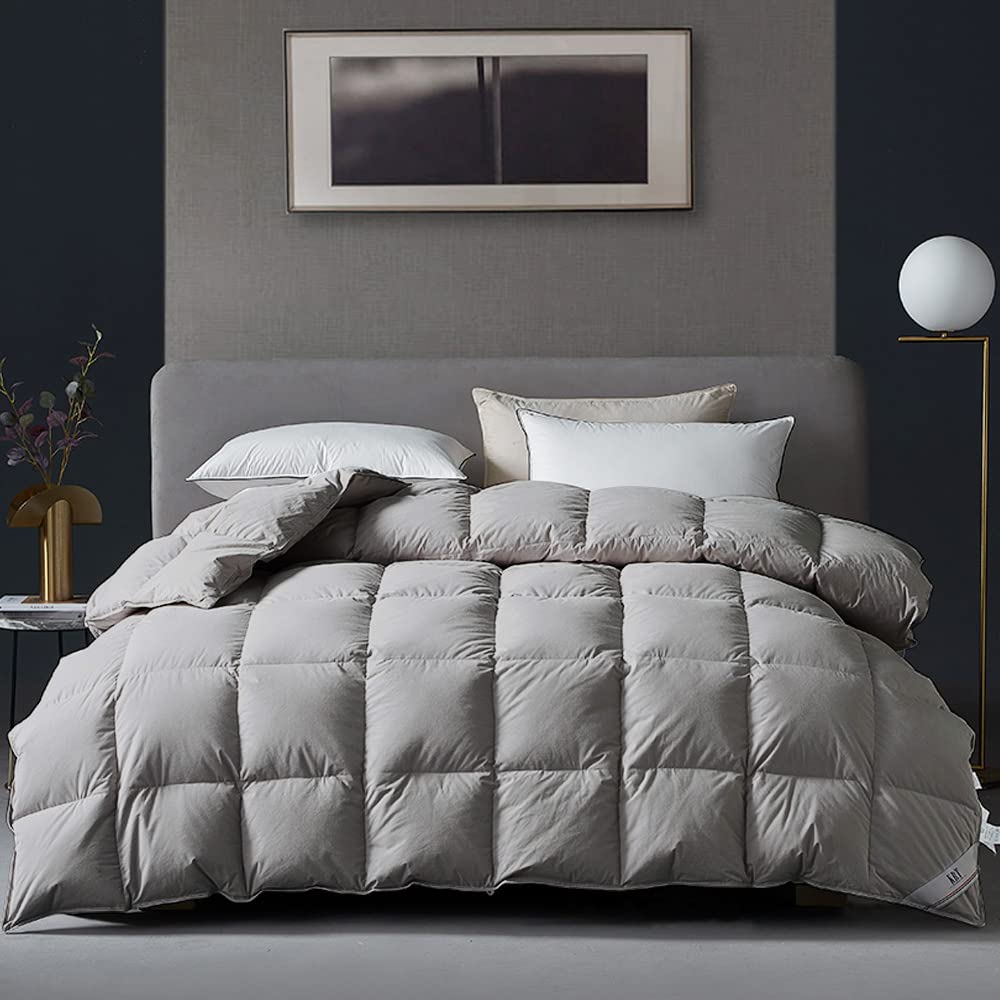 Luxury Goose Feather Down Comforter - Queen/Full Size All-Season Duvet Insert with 100% Cotton Cover & 8 Corner Tabs - 50 Oz Filling - Solid Grey - Perfect for Master Bedroom, Guest Room & Cozy Winter Nights