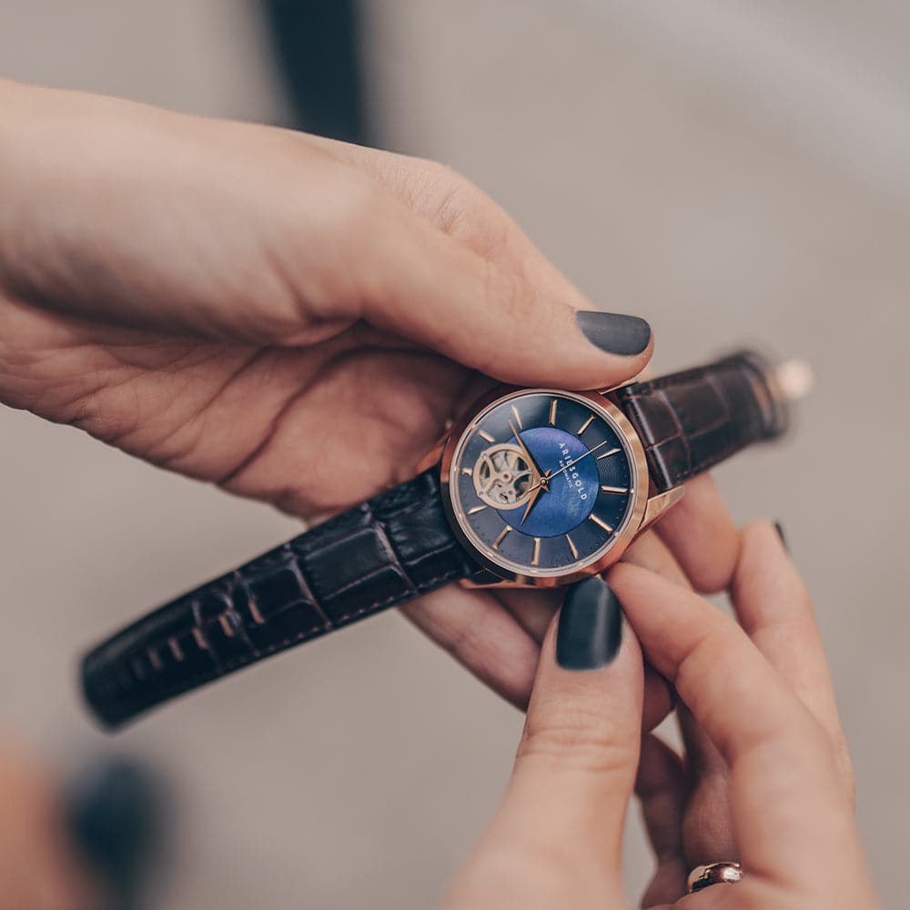 Aries Gold Blue Dial Women's Watch with Brown Leather Strap - L 9023 RG BU - Elegant Timepiece for Office, Party & Everyday Wear
