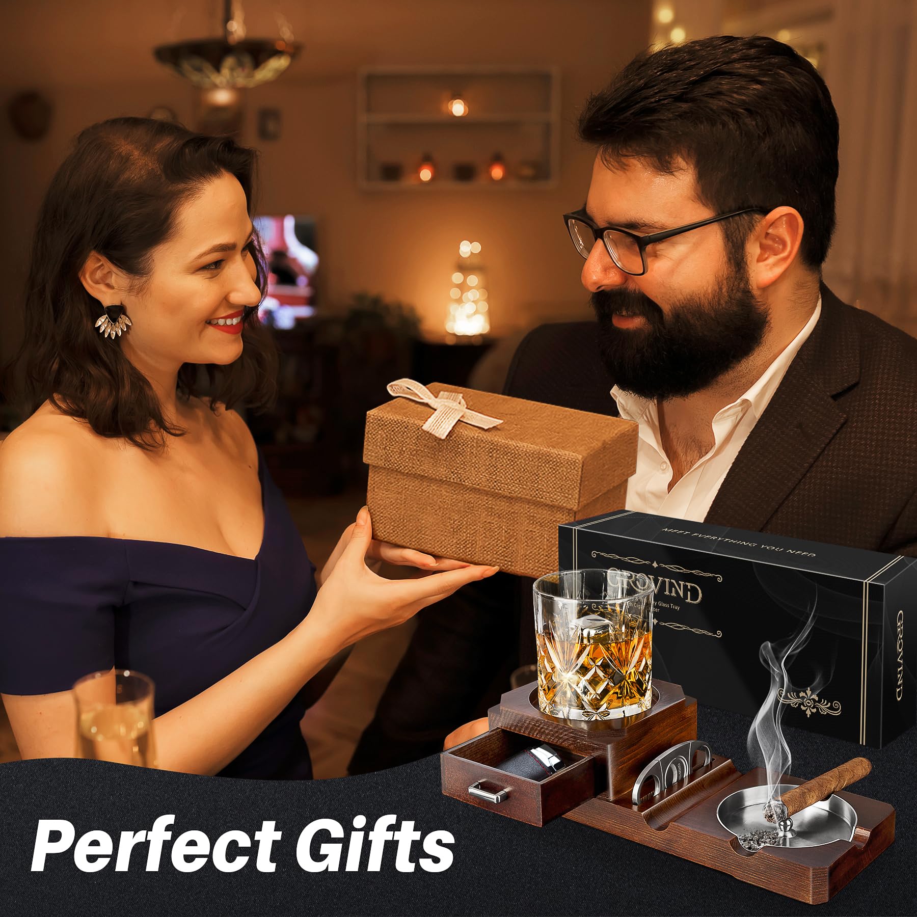 Premium Cigar Ashtray Set with Detachable Whiskey Glass Tray & Wooden Base - Outdoor Smoking Accessories for Cigars & Cigarettes - Includes Cigar Cutter - Perfect Home Office Decor & Unique Gift for Men - Ideal for Patio, Man Cave, and Smoking Lounges