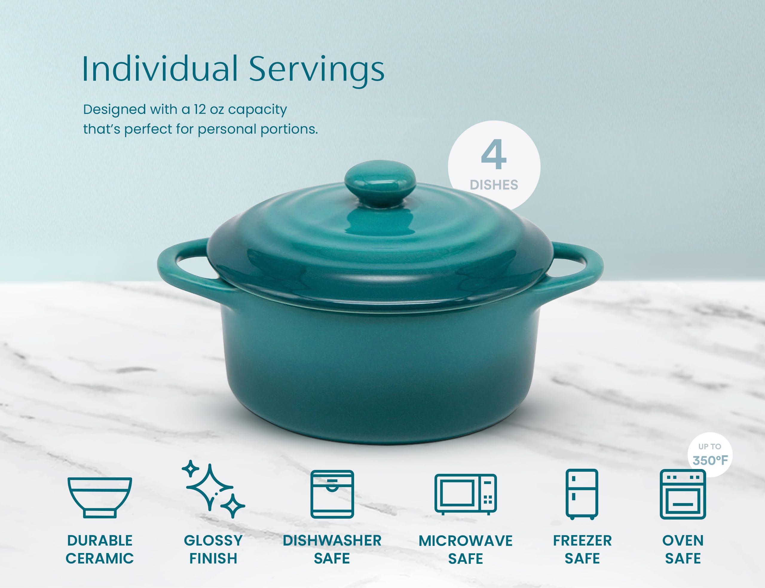 Kook Ceramic Mini Cocotte Set of 4 - 12oz Small Stoneware Casserole Dishes with Lids & Handles | Oven, Microwave & Dishwasher Safe Baking Ramekins in Aqua Ombre | Perfect for Individual Servings, French Onion Soup, Crème Brûlée & Dinner Parties