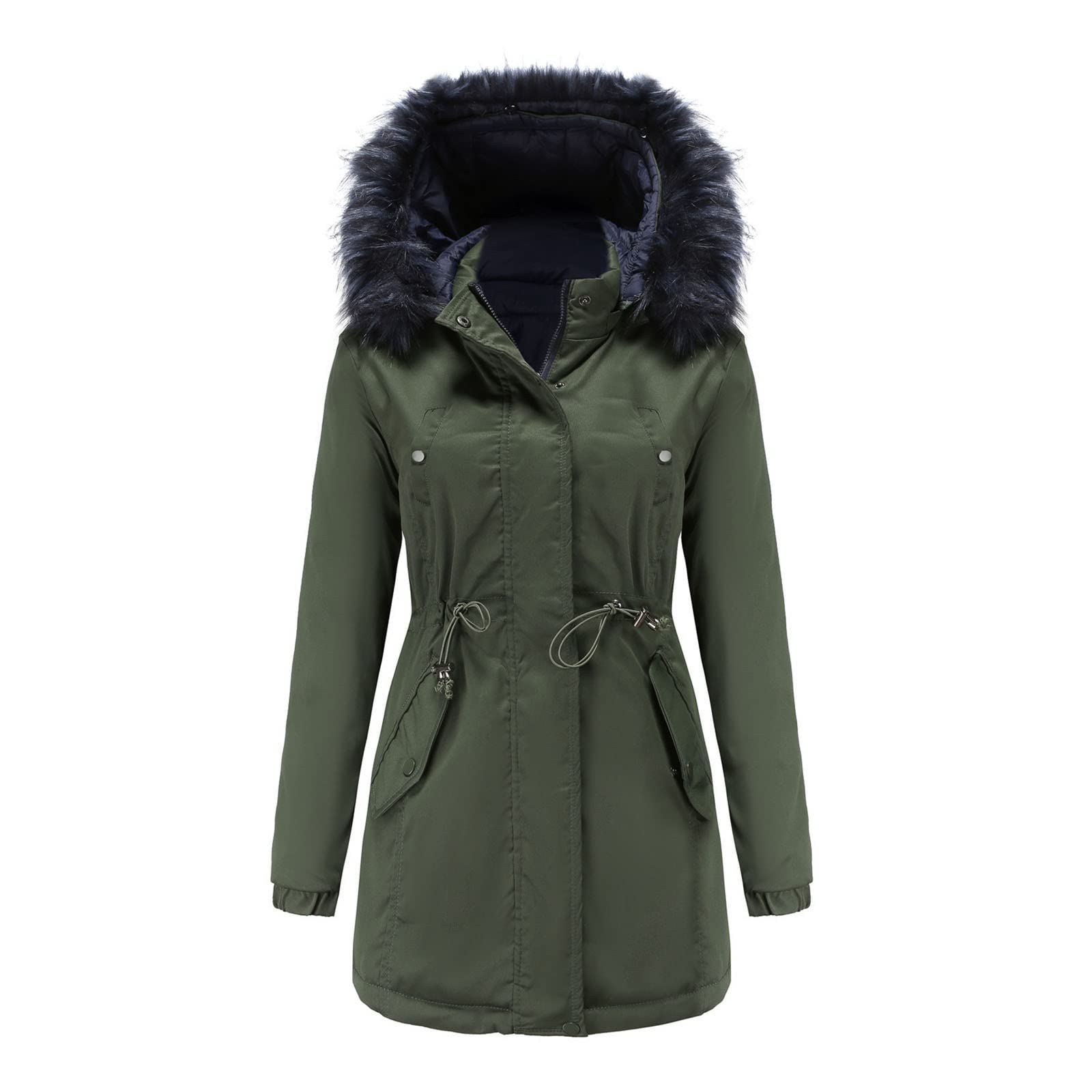 Women's Mid-Length Hooded Winter Coat - Solid Color Fleece-Lined Warm Padded Jacket with Fur Collar | Plus Size Cold Weather Outerwear for Snow, Travel & Daily Commute