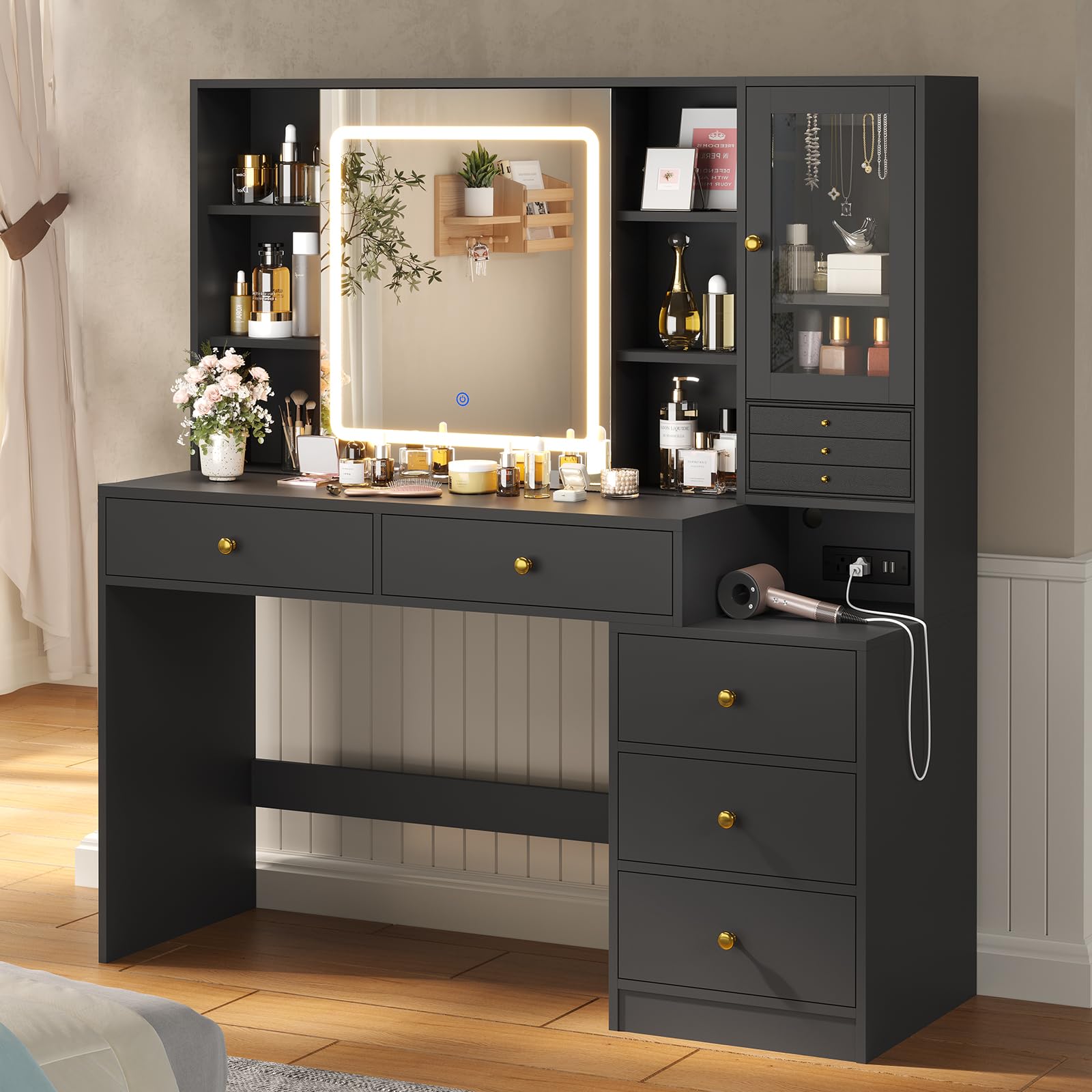 Modern Black Makeup Vanity Desk with LED Lighted Sliding Mirror & Jewelry Organizer - 5-Drawer Dressing Table for Beauty & Cosmetics Organization - Perfect for Bedroom, Dorm, or Salon Makeup Station