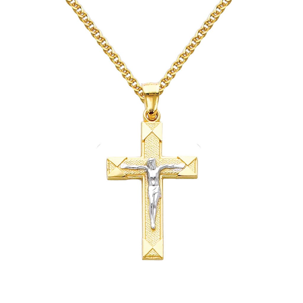 14K Two Tone Gold Jesus Cross Religious Charm Pendant with 1.5mm Flat Open Wheat Chain Necklace - Elegant Christian Jewelry Gift for Baptism, Confirmation & Daily Wear