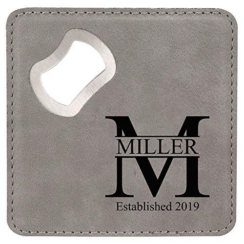 Custom Laser Engraved Bottle Opener Coaster Set - Personalized Gray Bar Coasters for Beer & Wine - Perfect for Home Bars, Man Caves & Wedding Gifts