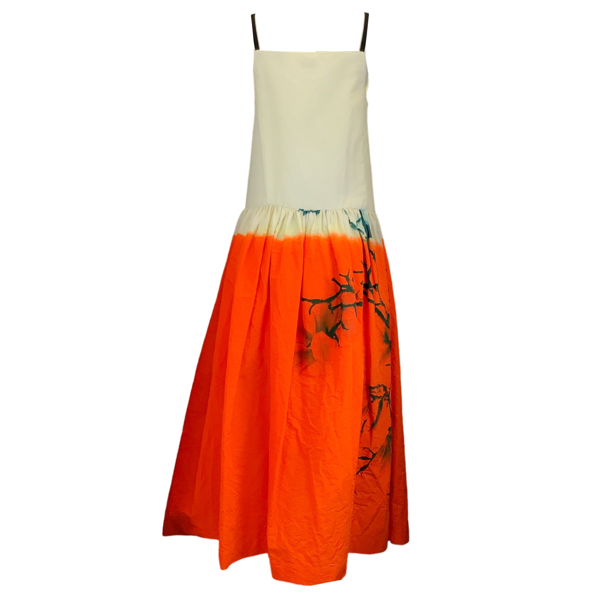 Dries Van Noten Ivory & Orange Printed Sleeveless V-Neck Cotton Linen Dress for Summer Vacation & Beach Wedding