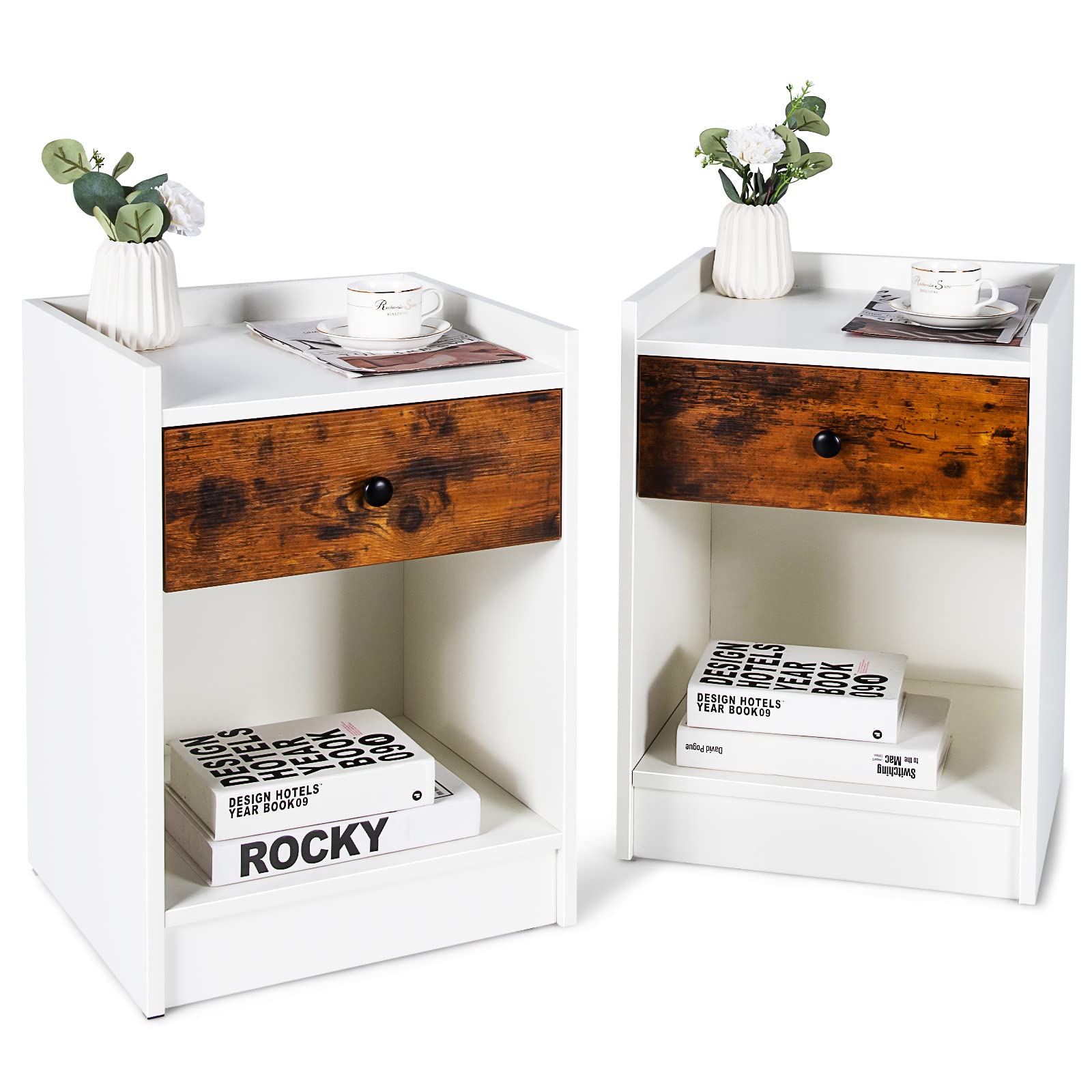 Giantex Nightstand Set of 2 - White Wooden Bedside Tables with Storage Drawer & Open Shelf, 17x16x24 Inches, Farmhouse Style Bedroom Furniture - Perfect for Bedrooms, Guest Rooms & Dorm Rooms