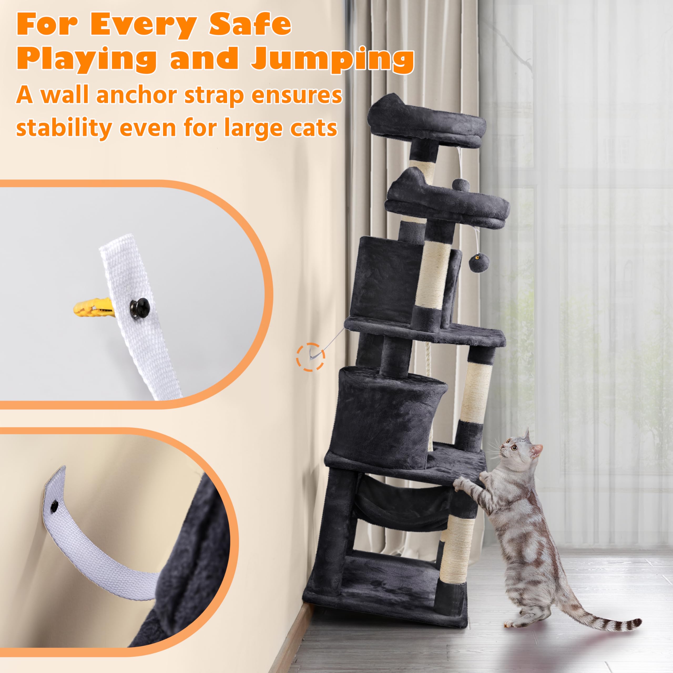 Yaheetech 62.2 Inch Multi-Level Cat Tree with Double Condo, Scratching Posts, Platform & Hammock - Sturdy Cat Tower for Indoor Cats - Perfect for Play, Climbing, Scratching & Relaxing in Home, Apartment or Office