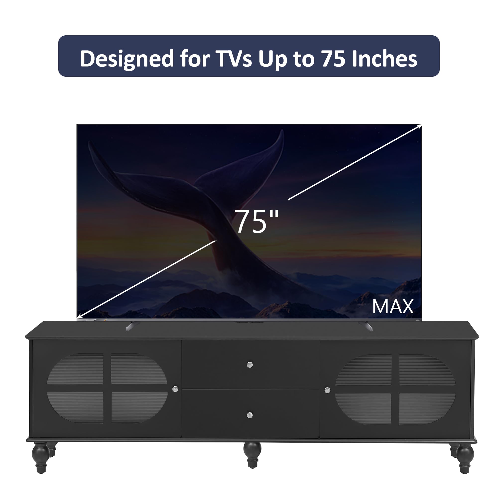 Modern TV Stand for 75 Inch TVs - Entertainment Center with 2 Drawers & 2 Fluted Glass Door Cabinets - 68.9