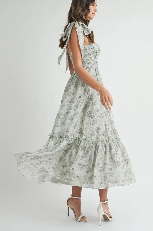 Floral Bust Ruched Midi Summer Dress with Shoulder Tie - Women's Elegant Party & Beach Vacation Outfit