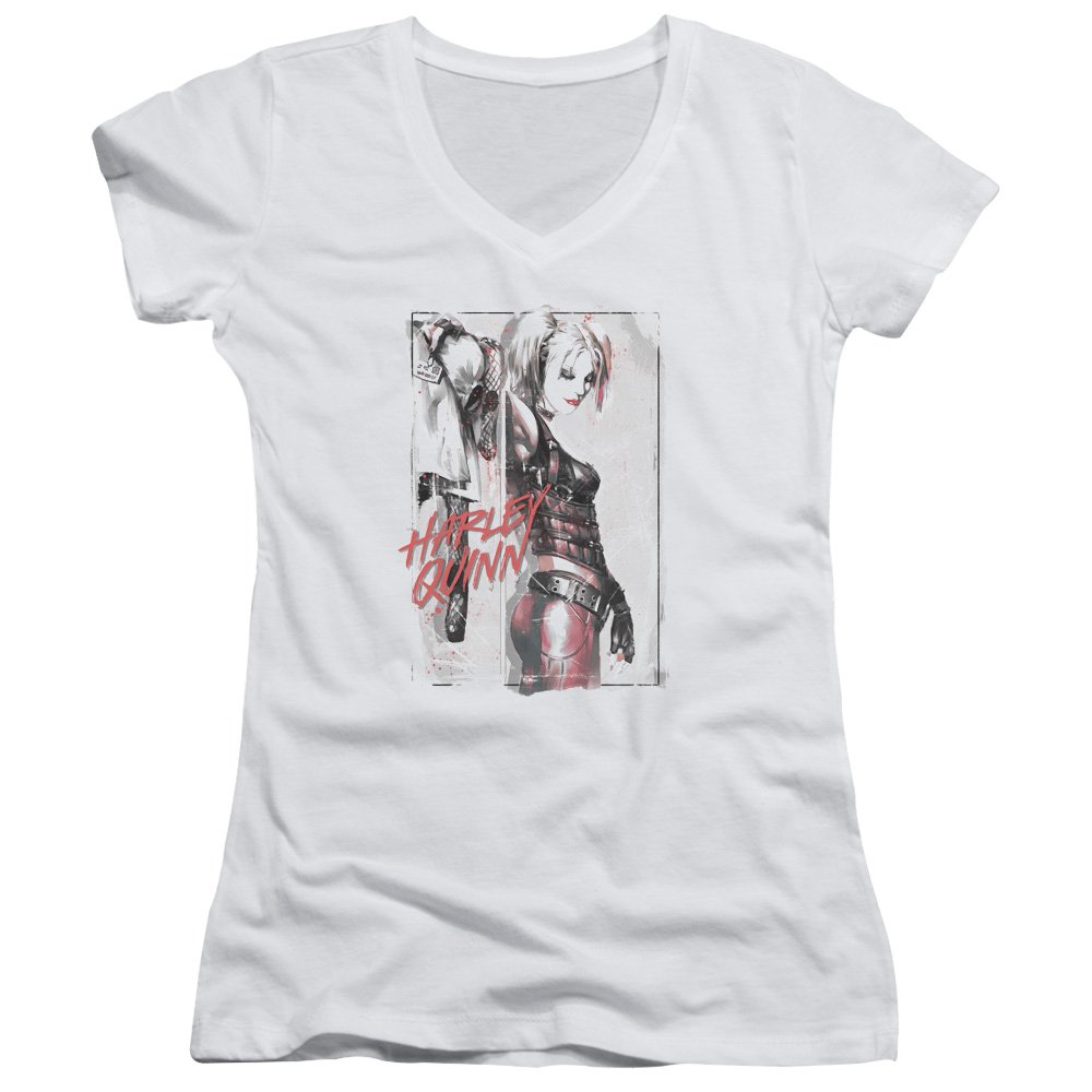 Batman Ink Wash Harley Quinn Junior's Sheer Fitted V-Neck T-Shirt | Superhero Graphic Tee for Girls | Perfect for Cosplay & Comic Con