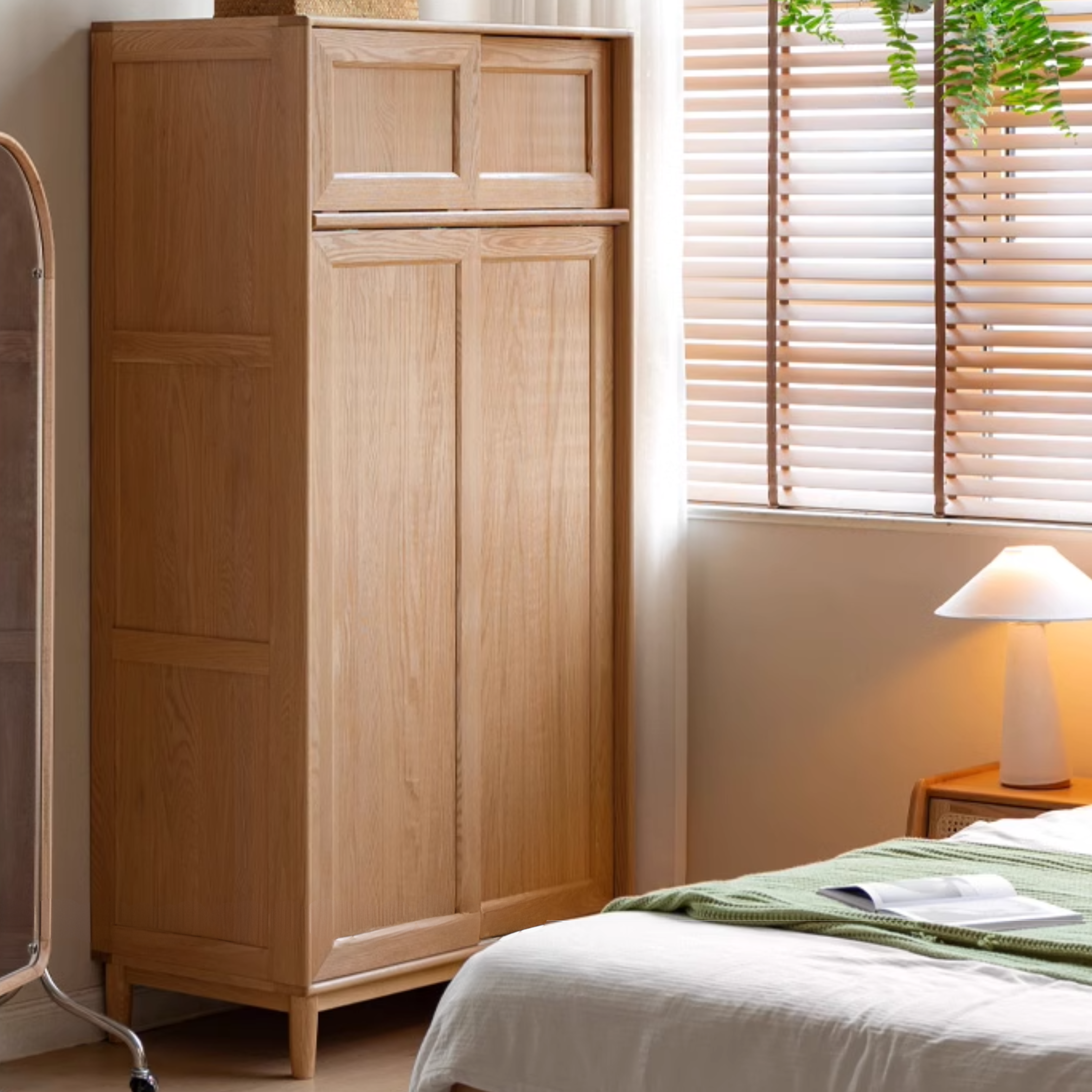 Solid Oak Wood Sliding Door Wardrobe Closet - Modern & Spacious Storage for Bedroom, Living Room, or Walk-In Closet