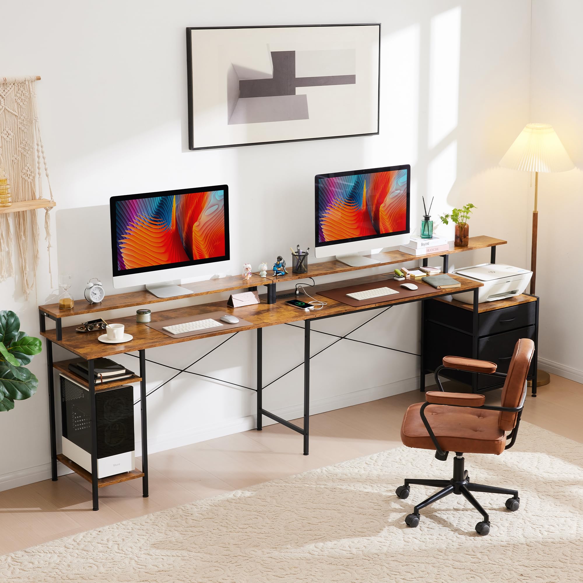 L Shaped Desk 66 Inch - Corner Computer Desk with File Drawer, LED Gaming Table, Workstation with Monitor Shelf & Printer Storage, Two Person Office Desk in Rustic Brown - Perfect for Home Office, Gaming Setup & Small Workspaces