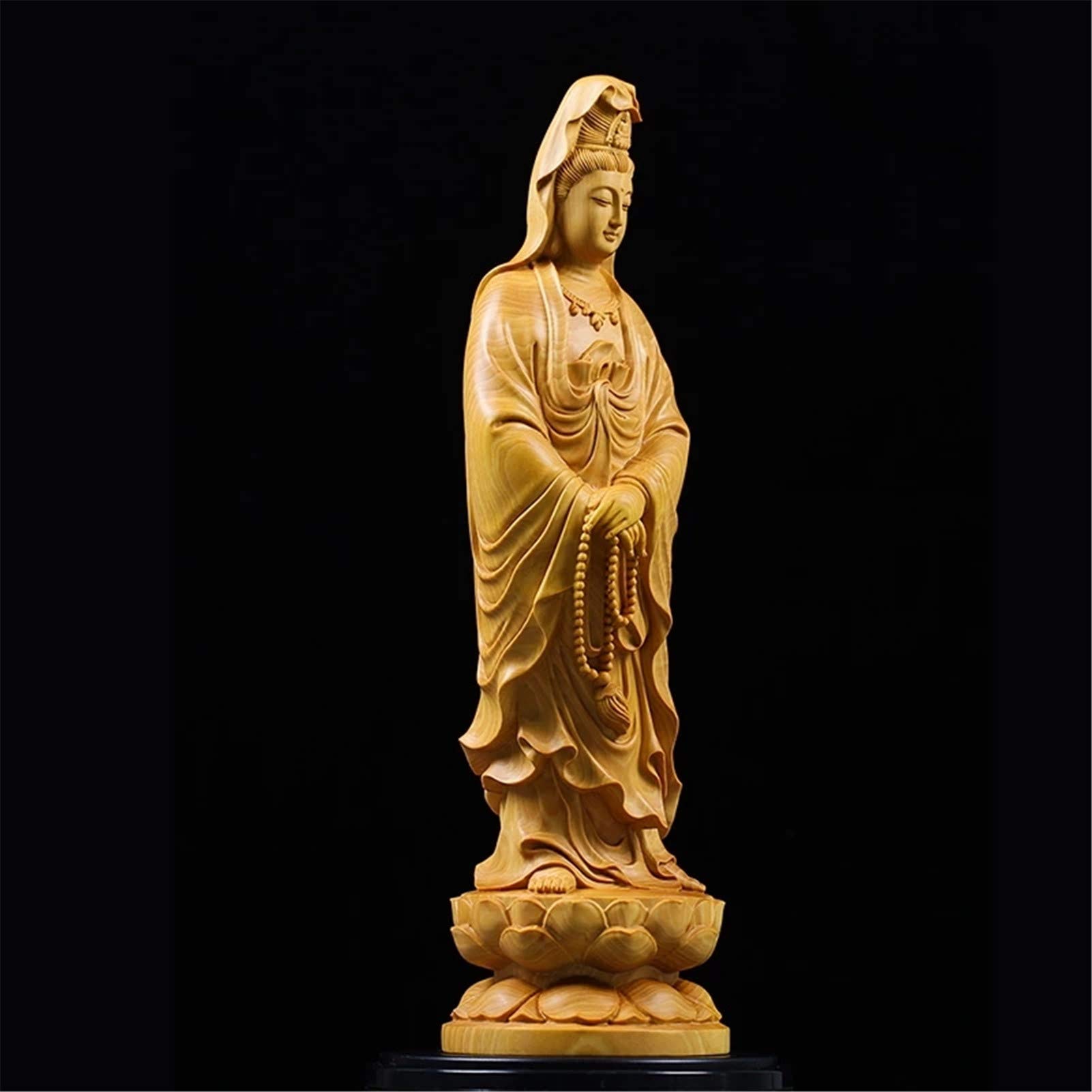 LILOVE 22cm Chinese Solid Wood Guanyin Buddha Statue - Handcrafted Wooden Buddhist Sculpture for Home Altar, Office Desk Decor & Meditation Space - Feng Shui Gift & Spiritual Decor