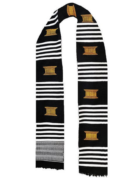 Handwoven Kente Scarf - Black, Gold & White Stripes | Authentic African Sash for Women & Men | Perfect for Weddings, Cultural Events & Fashion Accessories
