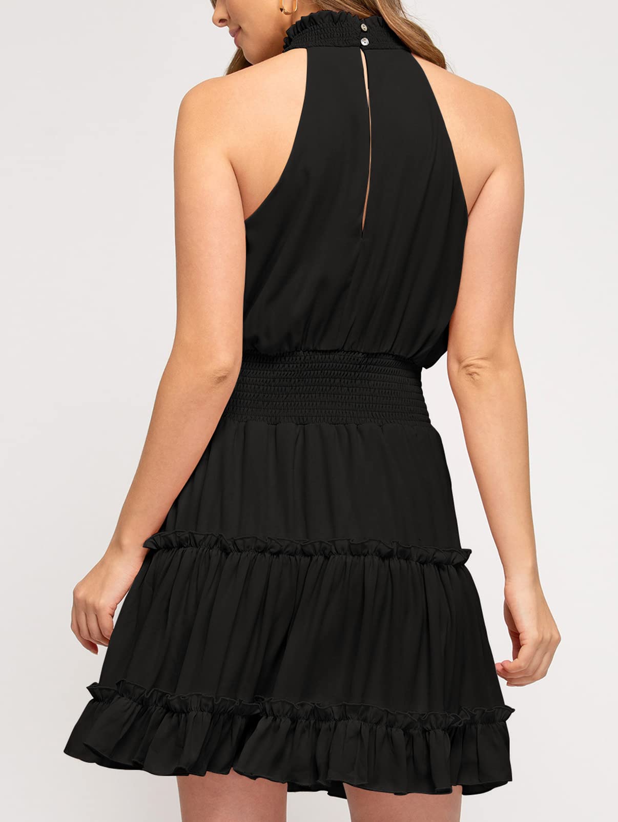 Women's Summer Casual Halter Neck A-Line Dress - Sleeveless Smocked Waist Ruffle Mini Dress for Beach, Party & Vacation | Flowy Comfortable Sundress for Women