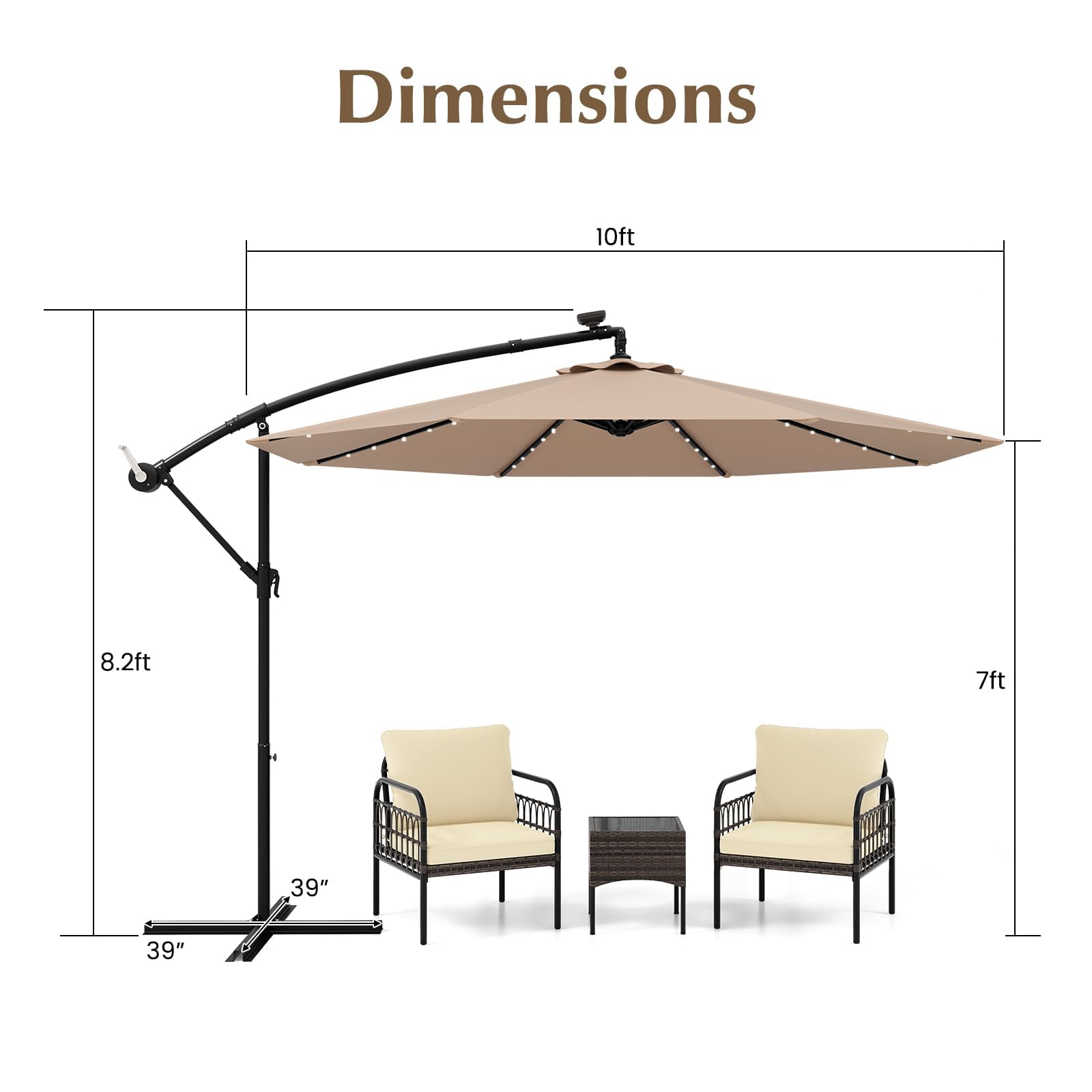 HAPPYGRILL 10 FT Outdoor Cantilever Umbrella with Solar Lights & Easy Tilt - 8 Ribs & Cross Base - Perfect for Patio, Deck, Poolside, Lawn, and Garden Relaxation