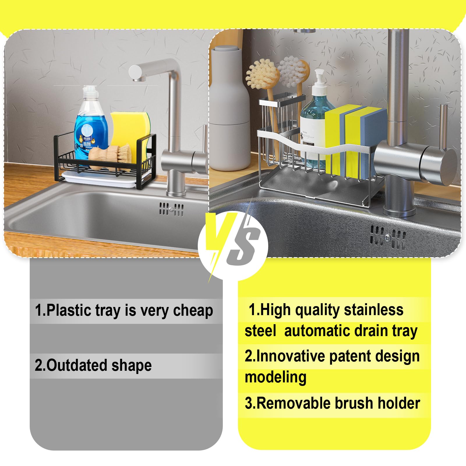 Stainless Steel Sink Caddy Organizer with Sponge & Brush Holder - Self-Draining Rustproof Kitchen Sink Tray for Sponge, Soap Dispenser Storage - Lacquer Silver | Perfect for Kitchen Countertop Organization & Dishwashing Station Accessories