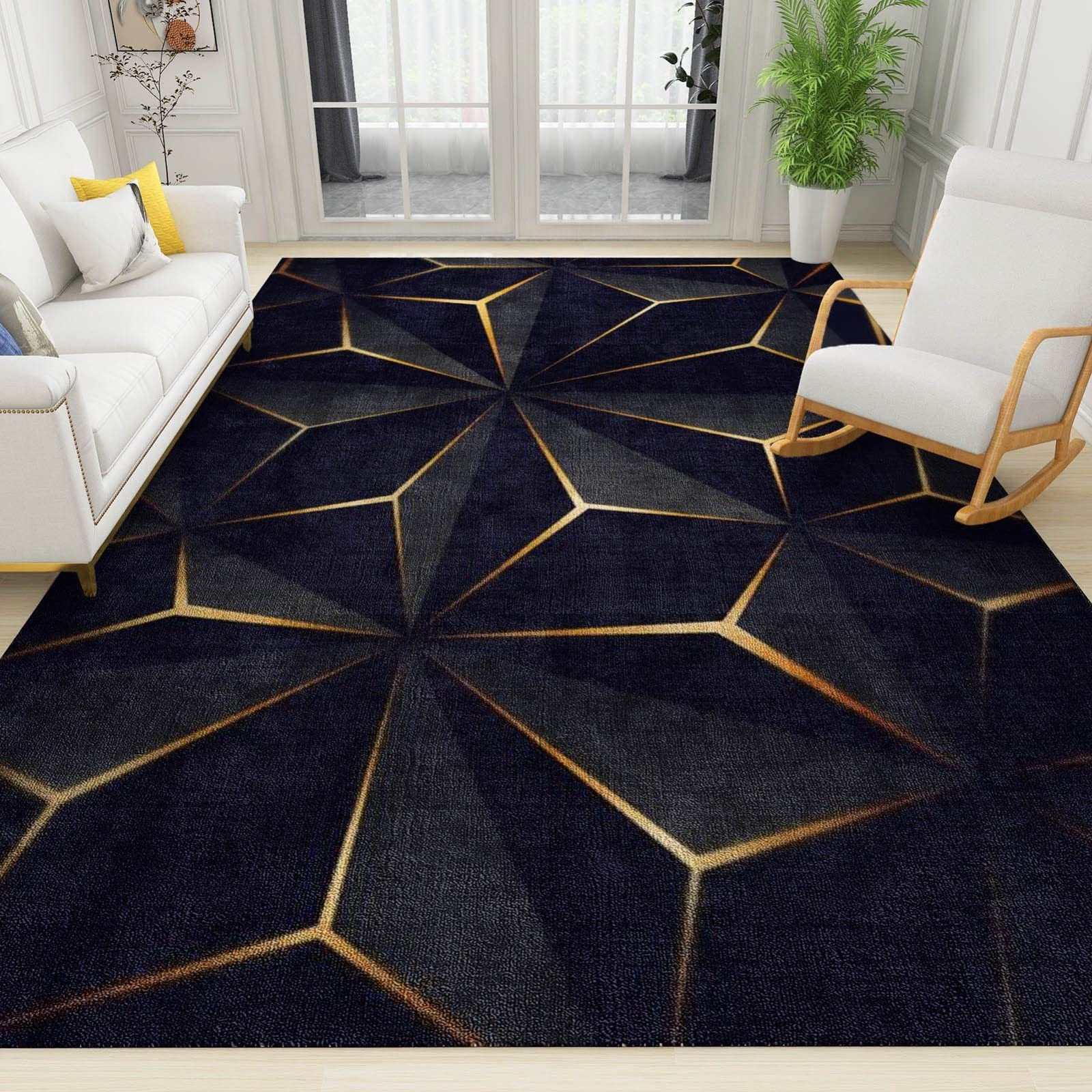 Modern Abstract Black Gold Geometric Area Rug 5'x7' - Non-Slip Indoor Floor Carpet for Living Room, Bedroom & Sofa Decor | Home Office & Dorm Room Floor Mat