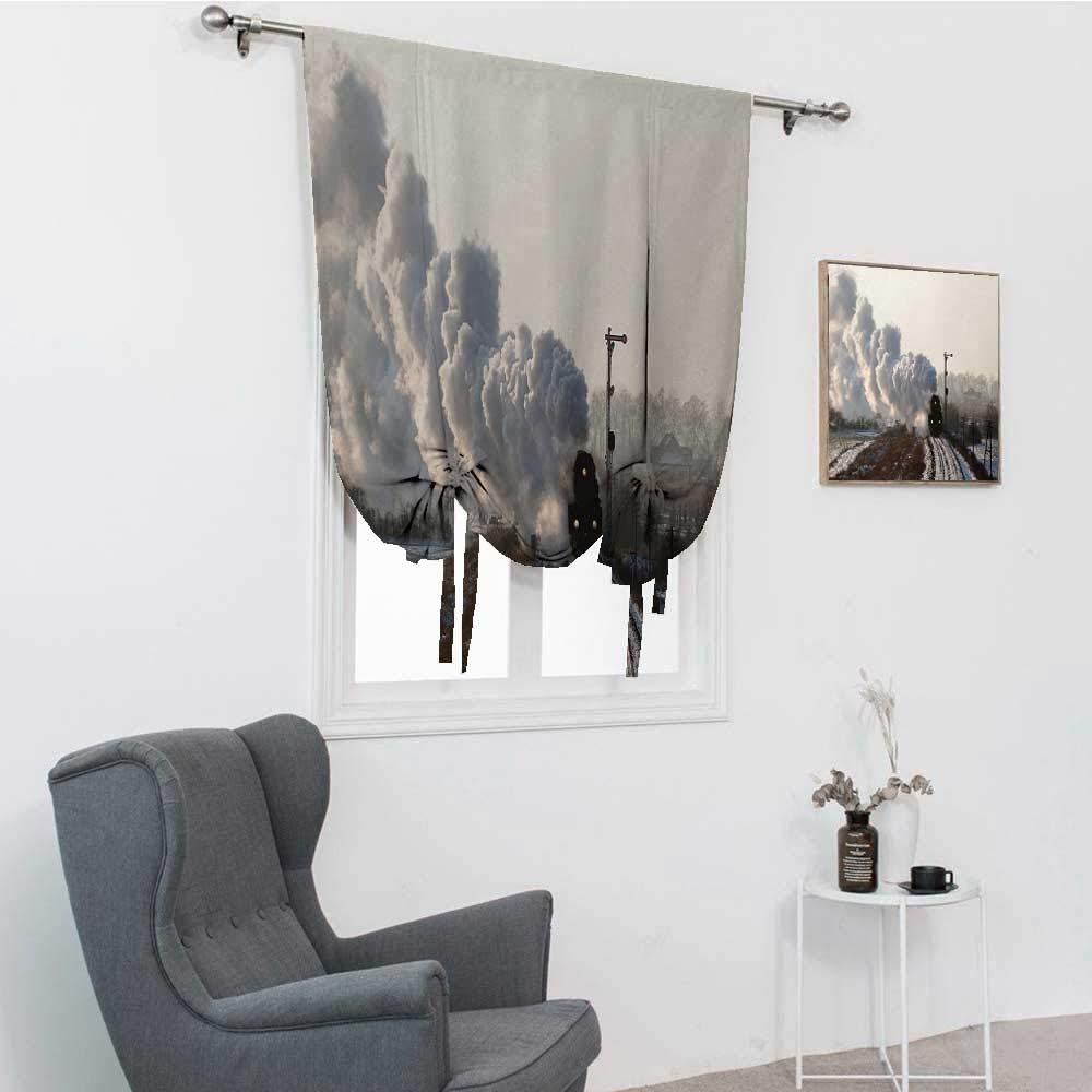 Steam Engine Train Short Curtains - Winter Snow Landscape & Industrial Theme Print - 35