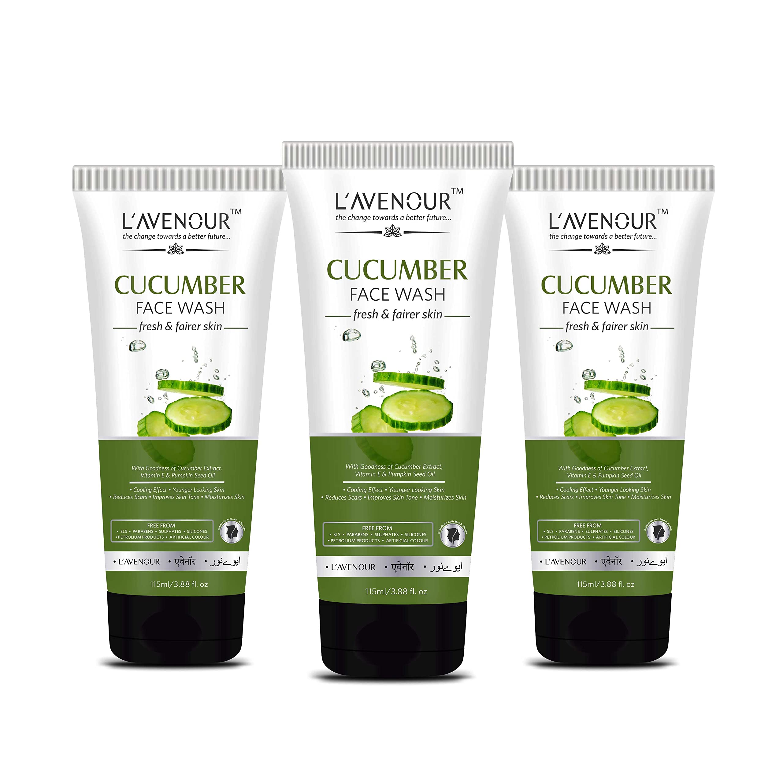 L'avenour Vitamin E Cucumber Face Wash for Men & Women - 115ml (Pack of 3) | Deep Cleansing, Brightening & Hydrating | Perfect for Daily Skincare Routine & Travel