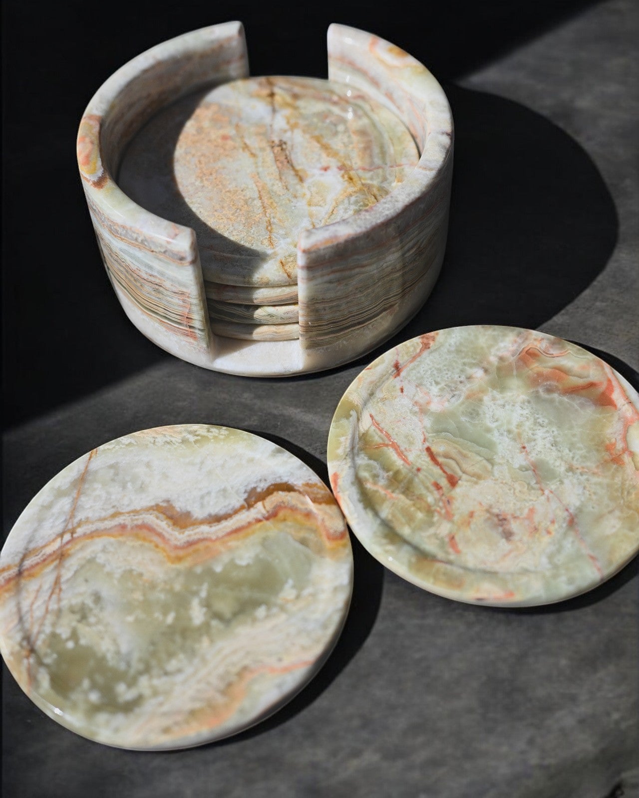 Premium Green Onyx Stone Coasters Set of 4 - Natural Stone Drink Coasters for Home & Bar - Perfect for Protecting Tables from Hot & Cold Beverages, Great Housewarming Gift