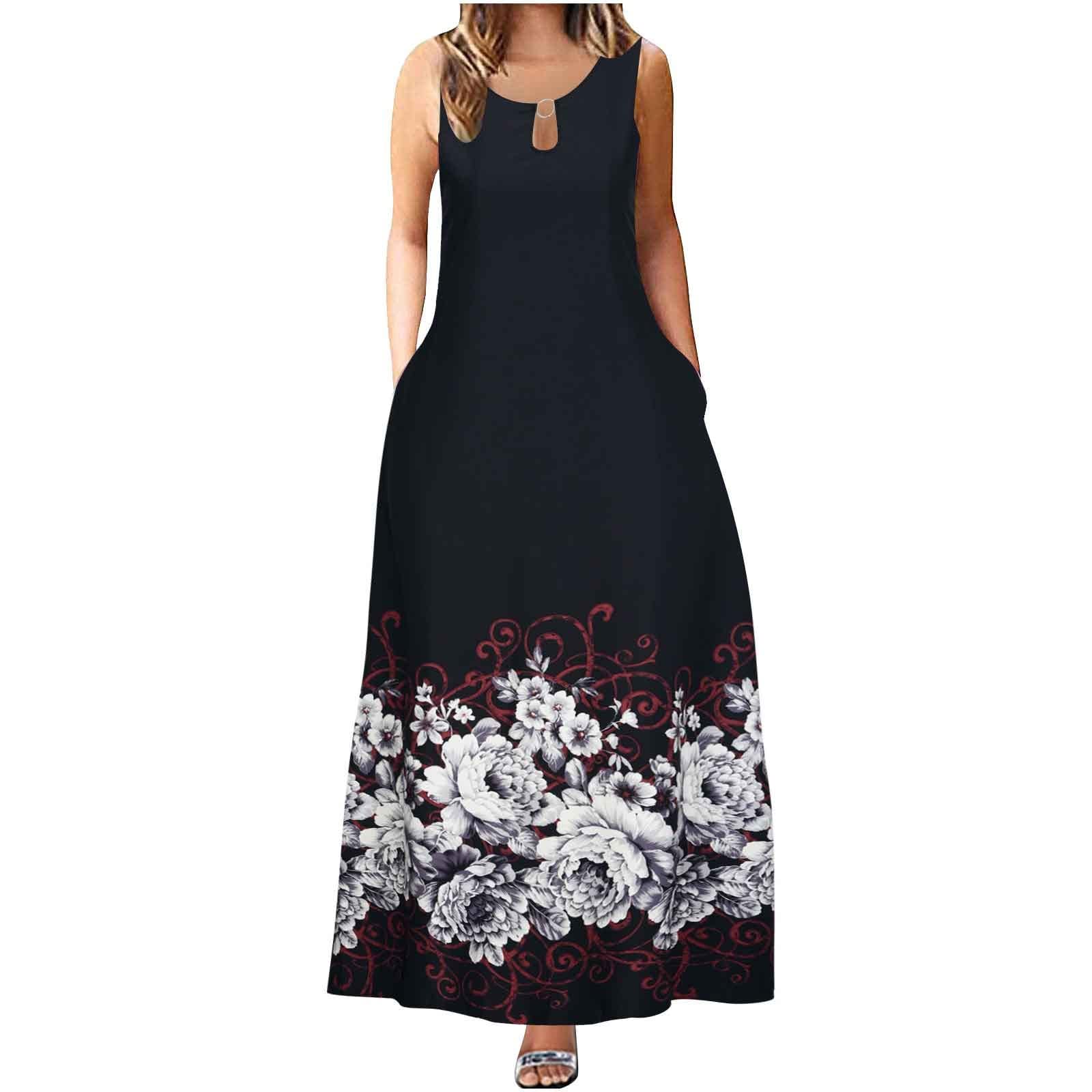 Women's Floral Print Sleeveless Maxi Dress - Summer Casual Hollowed Loose Tank Tunic with Pockets | Perfect for Beach Vacations, Date Nights & Outdoor Parties