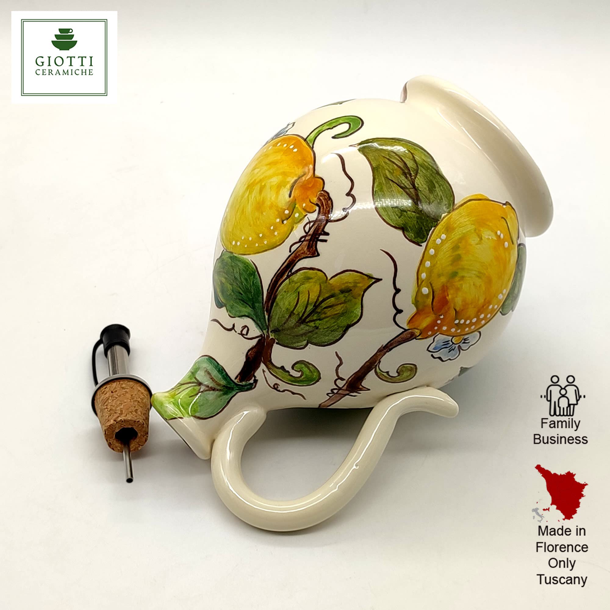 Italian Ceramic Olive Oil Dispenser Bottle XL Size 14oz - Hand Painted Tuscan Kitchen Oil Cruet with Lemon Creme Design - Authentic Italian Pottery from Tuscany - Perfect for Cooking, Salad Dressing & Gourmet Meal Presentation
