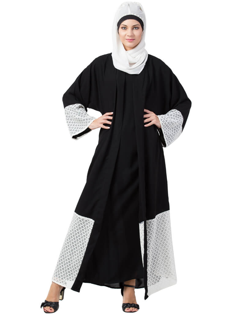 Elegant Black Arabic Abaya with Embroidered Bottom & Sleeves + Front Jacket - Modest Islamic Dress for Prayer & Special Occasions