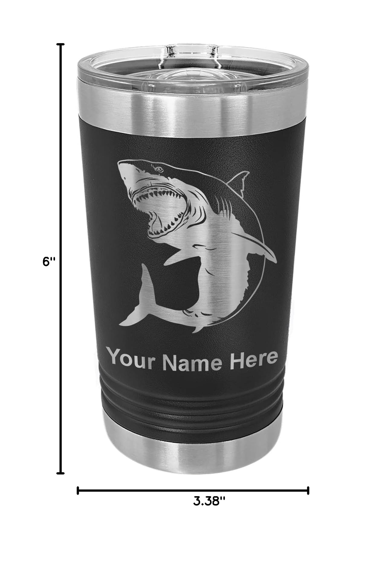LaserGram 16oz Vacuum Insulated Stainless Steel Tumbler with Lid - Personalized Engraved Great White Shark Design - Keeps Drinks Hot/Cold for Hours - Perfect for Coffee, Tea, Beer & Outdoor Activities (Black)