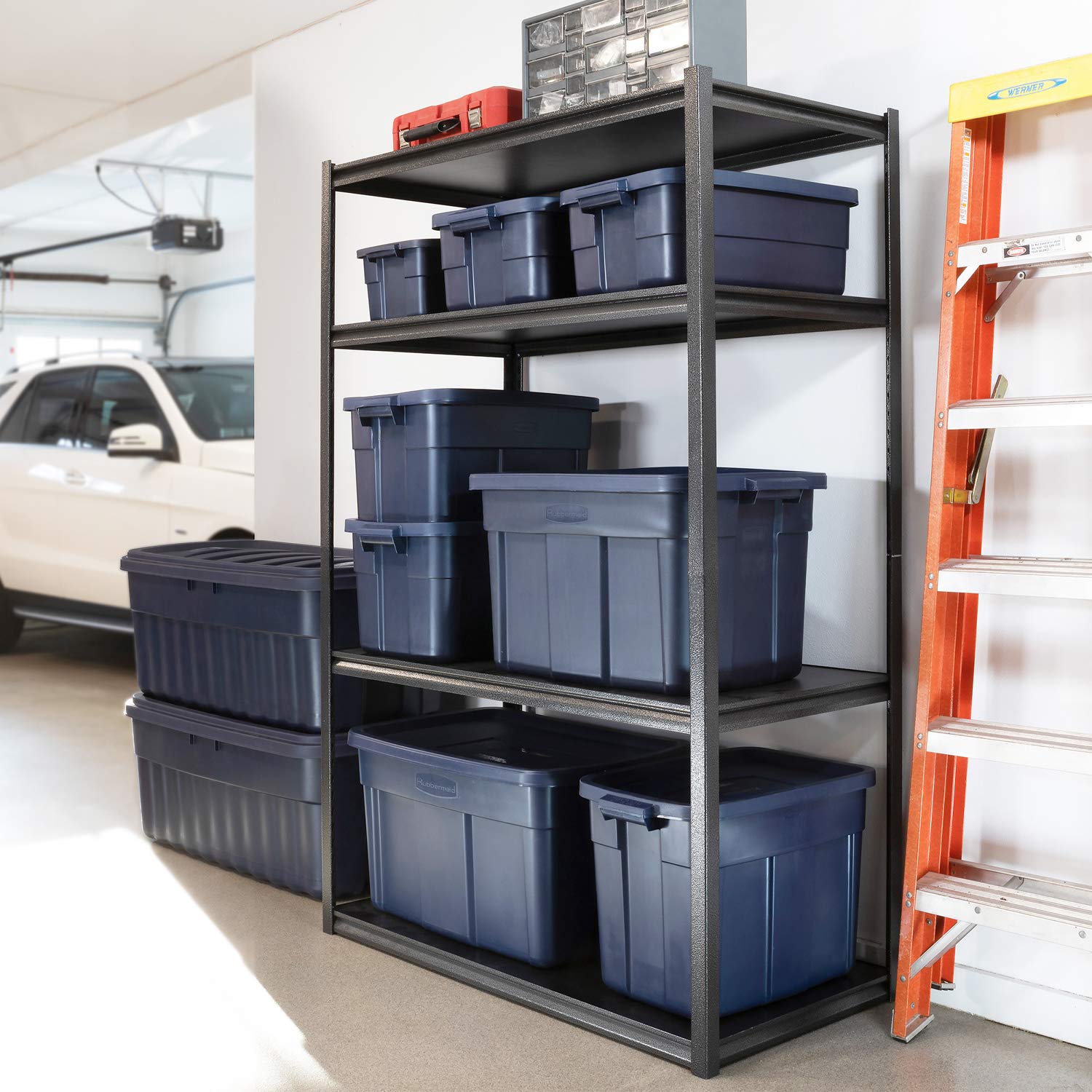 Rubbermaid Roughneck 3 Gallon Heavy Duty Plastic Storage Bins with Lids - Stackable, Reusable Home Organization Containers - Dark Indigo Metallic (12 Pack) for Garage, Basement, Office & Closet Storage Solutions