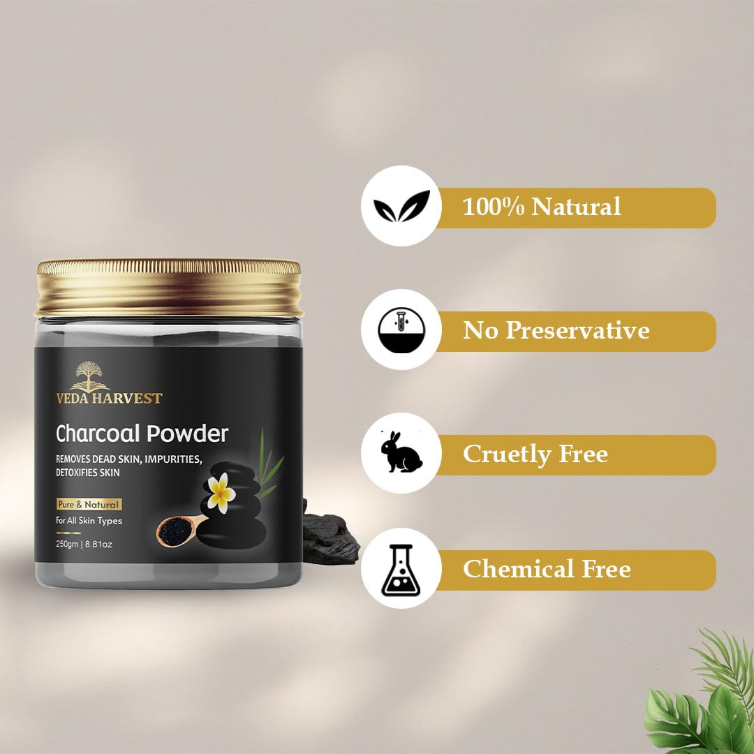 Veda Harvest 100% Natural Activated Charcoal Powder 250g | Skin Detox, Teeth Whitening & Dead Skin Removal | Suitable for All Skin Types | DIY Face Mask & Oral Care Solution