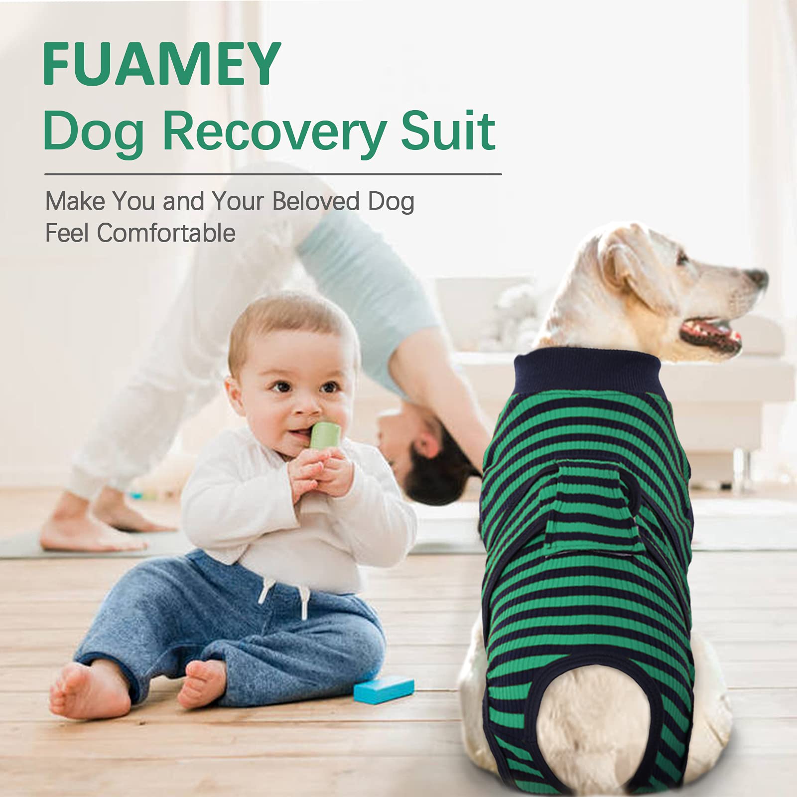 FUAMEY Post-Surgery Recovery Suit for Dogs - Soft, Breathable Dog Bodysuit Alternative to E-Collar & Cone - Male & Female Dog Neuter/Spay Suit - Anti-Licking Wound Protection Onesie - Green & Black Stripes - XXL - Ideal for Post-Operative Care, Wound Healing & Comfort