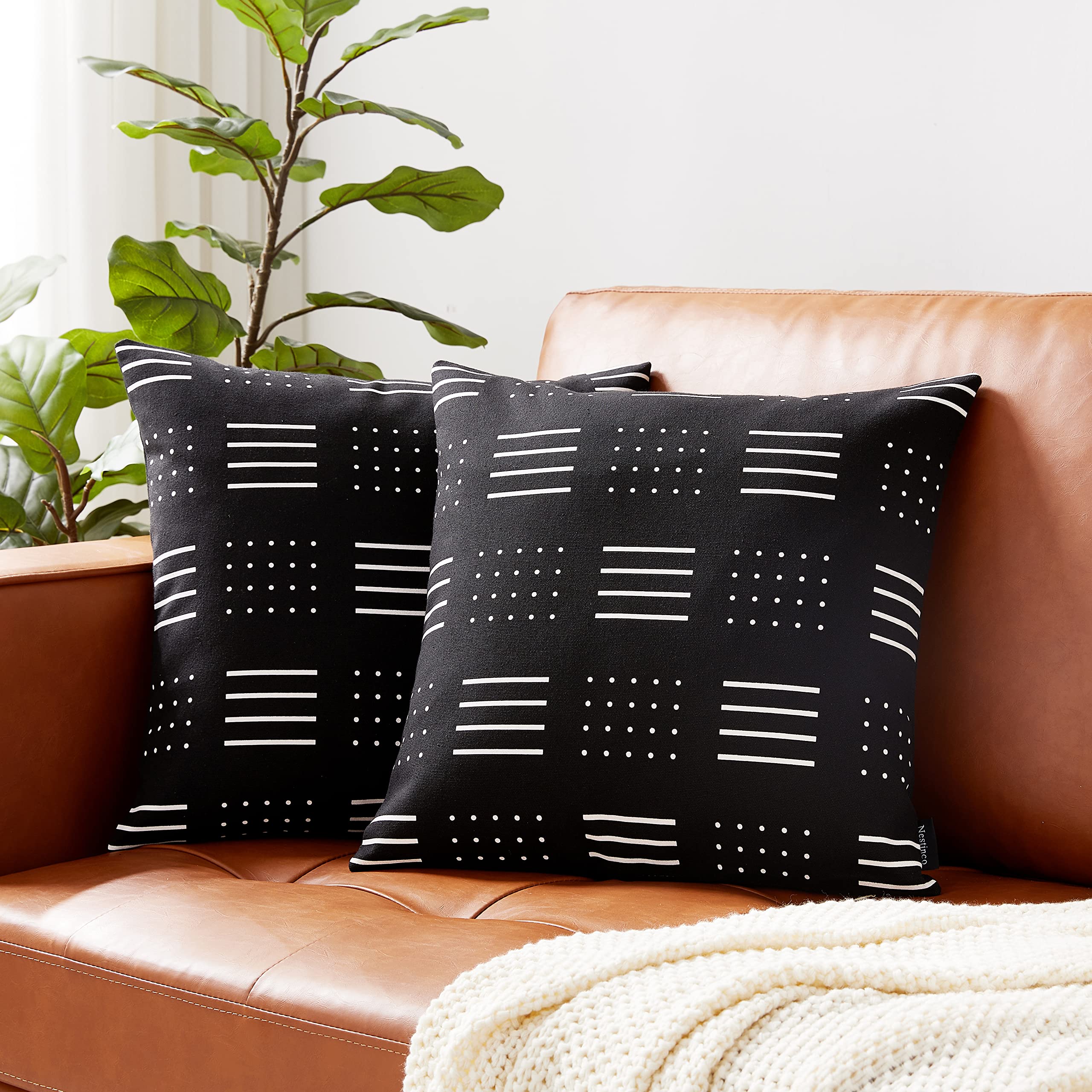 2 Pack Modern Boho Throw Pillow Covers 20x20 Inches - Black & White Geometric Print Canvas Cushion Covers for Sofa, Couch, Bedroom Decor | Perfect for Bohemian, Scandinavian & Minimalist Home Styling