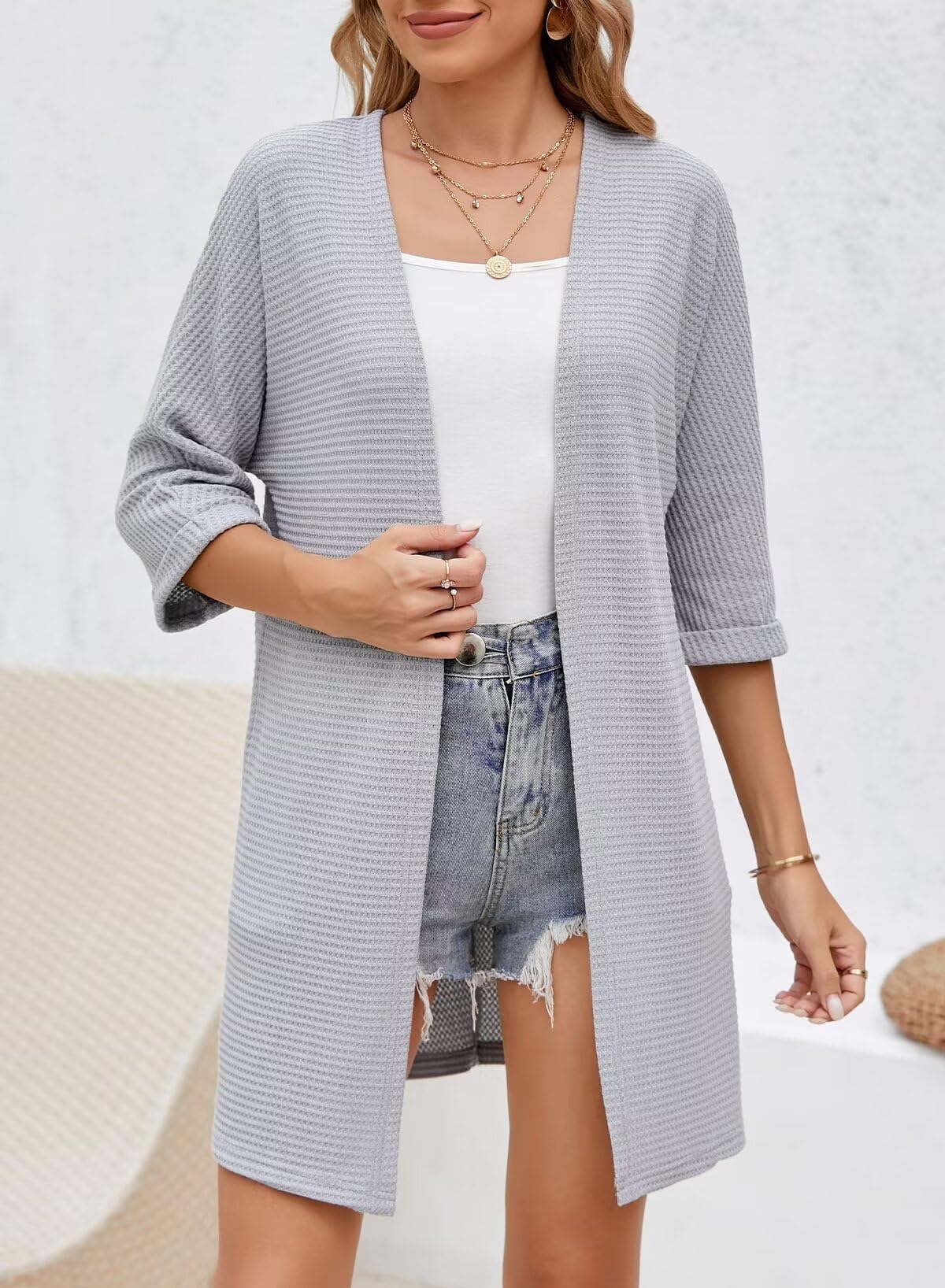 SHEWIN Women's Lightweight 3/4 Sleeve Open Front Waffle Knit Cardigan Sweater - Casual Kimono Style Cover Up for Spring & Fall | Perfect for Office, Date Night and Weekend Outfits