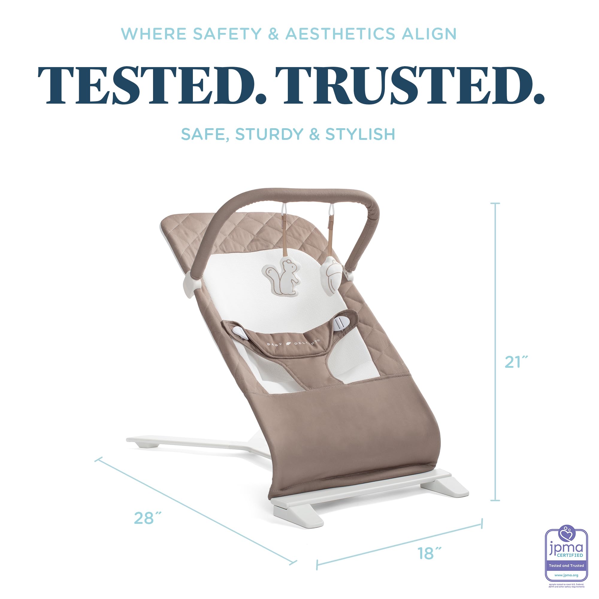 Baby Delight Alpine Deluxe Portable Baby Bouncer - Infant Seat for Newborns 0-6 Months | 100% GOTS Certified Organic Cotton Fabric in Mocha | Gentle Rocking Motion for Soothing & Playtime | Perfect for Nursery, Living Room or Travel