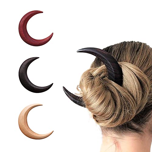 3PCS Hand Carved Wooden Hair Forks for Women - Natural Moon Shaped Hair Sticks & Barrettes - Minimalist Hair Accessories for Bun, Updo & Braided Hairstyles (4.4 Inch, Boho Style)