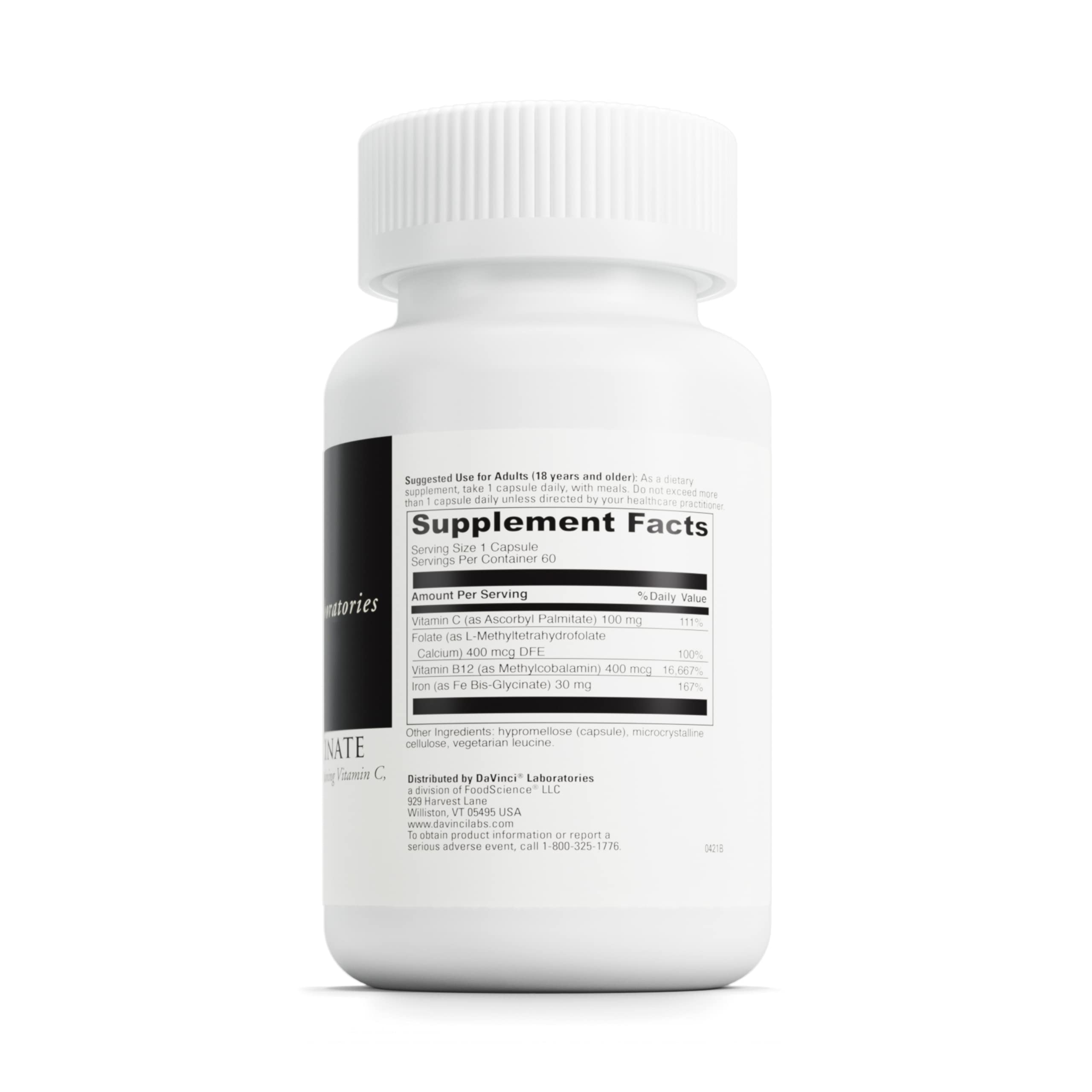 DaVinci Labs Iron Bis-Glycinate Supplement - Gentle Vegan Iron for Women & Men - Supports Hemoglobin Production & Energy Levels with Vitamin C - 60 Vegetarian Capsules - Ideal for Anemia Support & Active Lifestyles