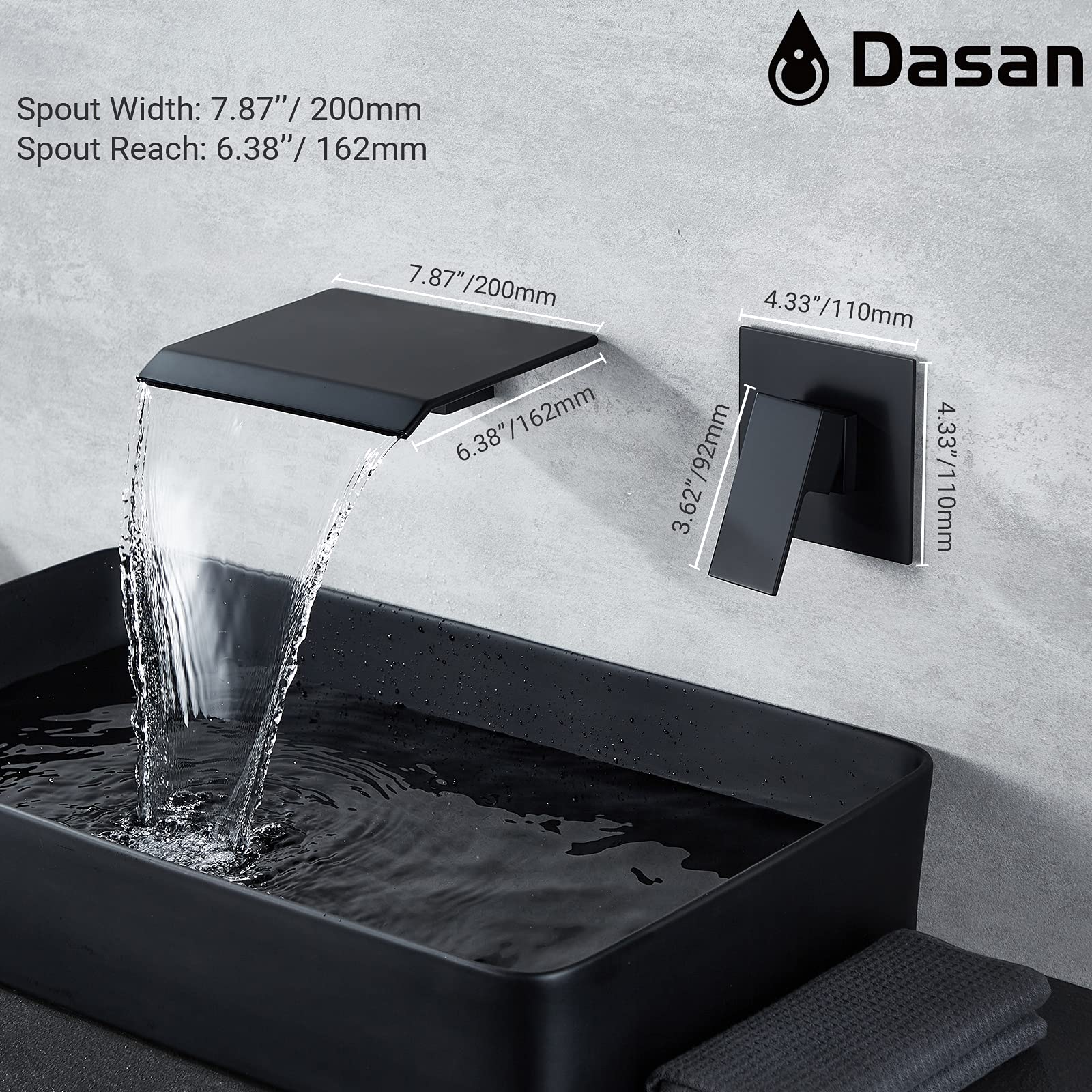 Modern Matte Black Wall Mount Waterfall Bathroom Faucet - Single Handle Wall Mounted Sink Faucet with Upgraded Rough-in Valve | Perfect for Contemporary Bathrooms, Powder Rooms & Spa-Like Showers