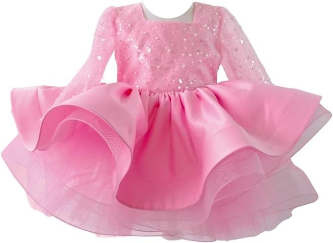 Baby Girl Long Sleeve Tutu Dress with Bowknot - Lace & Feather Flower Girl Party Outfit for Infants & Toddlers (Pink Sequin, Age 1 Year) - Perfect for Christmas, Birthday, Wedding & Special Occasions - Cute Photo Shoot & Holiday Celebration Outfit