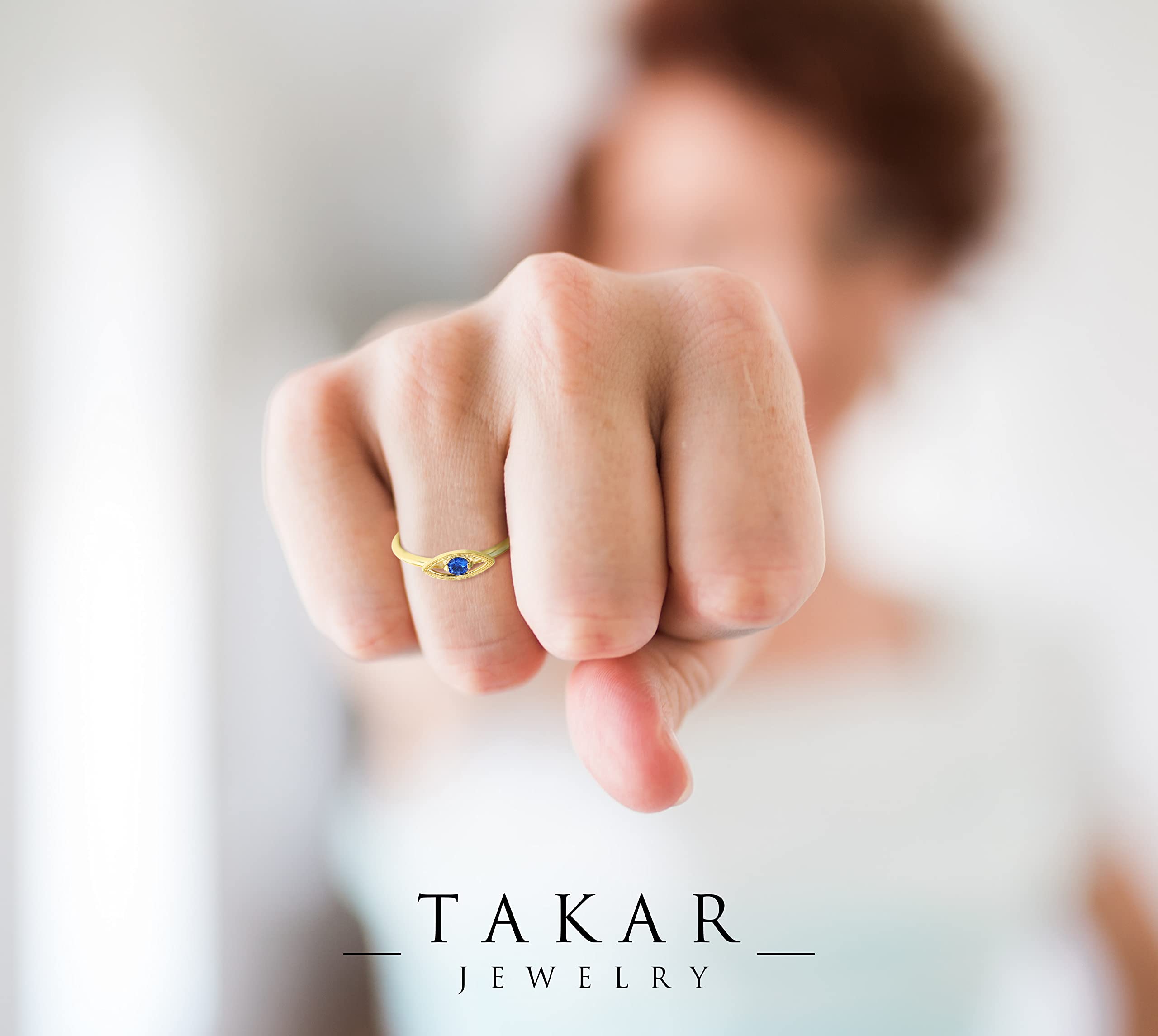 14K Solid Gold Evil Eye Ring with Genuine Cubic Zirconia & Sapphire Gemstone - Rose/White/Yellow Gold Stackable Eternity Ring, Dainty Blue Birthstone Jewelry - Handmade in USA - Perfect Gift for Women, Protection Jewelry for Everyday Wear & Special Occasions