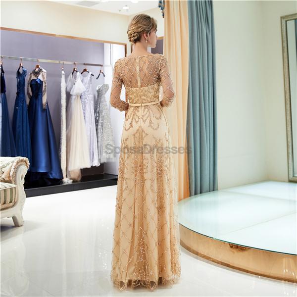 Elegant Long Sleeve Beaded Gold Evening Prom Dress for Women - Formal Gown for Homecoming, Ball, Party & Special Occasions | Style 12059