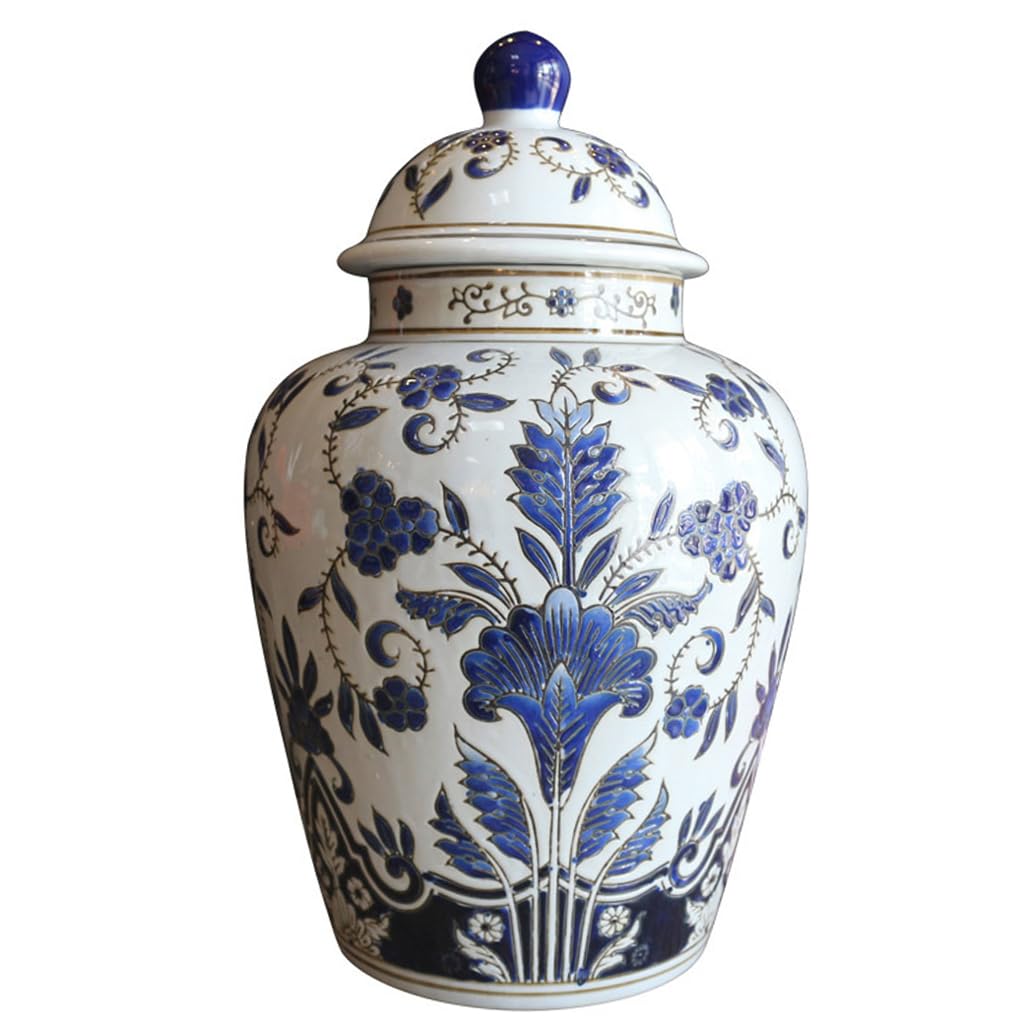 Blue and White Ceramic Ginger Jar with Lid - Vintage Chinoiserie Porcelain Vase for Home Decor, Floral Centerpiece, Living Room & Table Decoration - Perfect for Farmhouse, Boho & Traditional Interior Design Styles