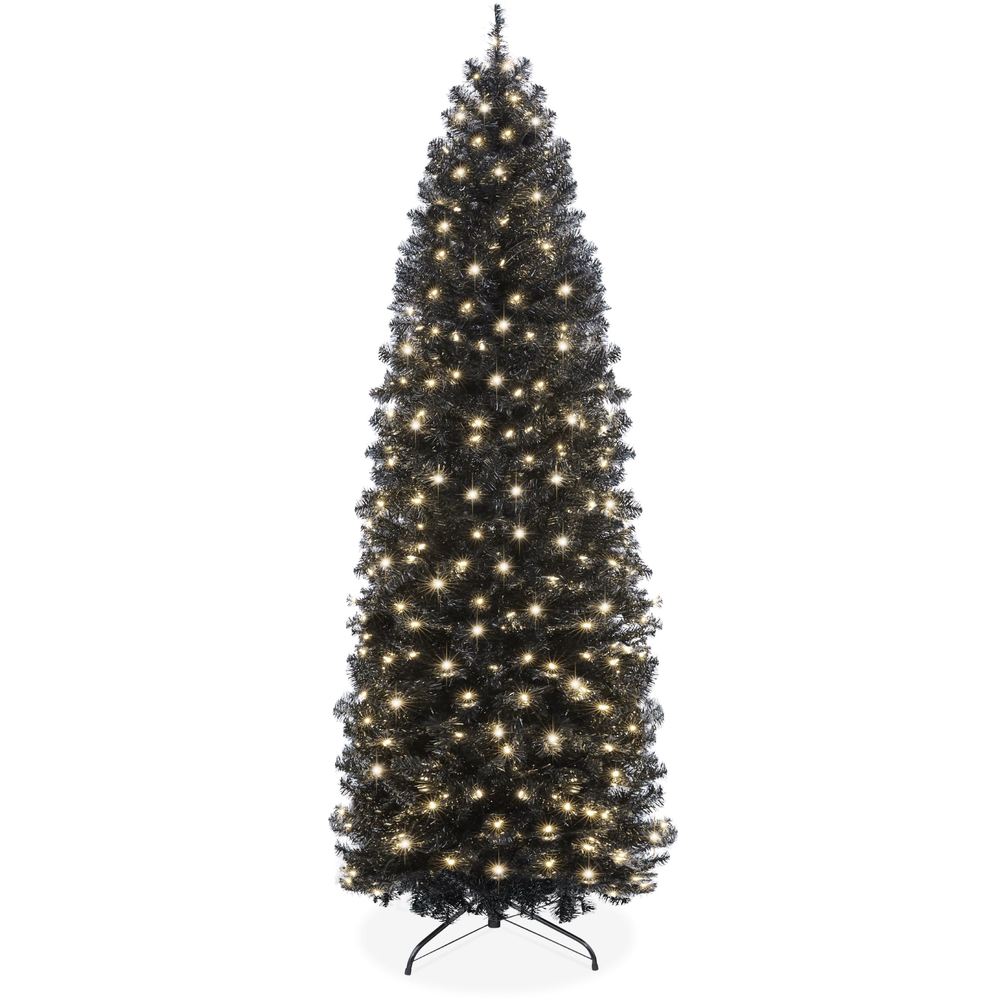 Best Choice Products 7.5ft Pre-Lit Black Pencil Christmas Tree with 300 Incandescent Lights - Slim Artificial Holiday Tree for Home, Office & Party Decor - 972 Tips & Metal Base - Perfect for Small Spaces & Modern Holiday Decorations