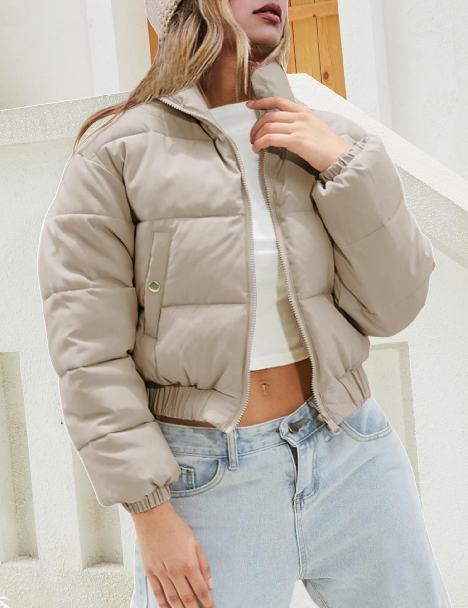 Hooever Women's Cropped Puff Jacket - Winter Stand Collar Quilted Bubble Coat with Full Zipper | Warm Outerwear for Casual Outings, Street Style & Cold Weather Fashion