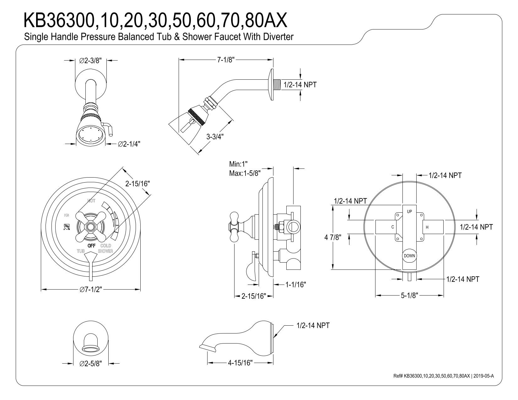 Kingston Brass KB36380AX Restoration Tub and Shower Faucet with Metal Cross Handle - Brushed Nickel Finish | Vintage Bathroom Fixture for Classic Home Renovation & Spa-Like Shower Experience