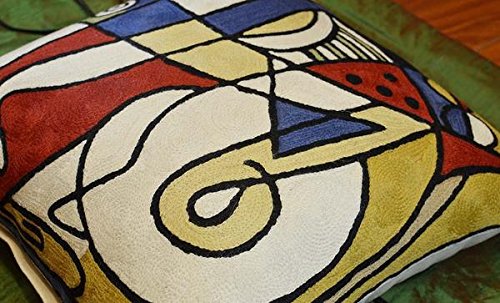 Alfred Gockel Modern Coastal Gold Throw Pillow Cover - 18x18 Inch Decorative Cushion Case for Sofa, Couch & Farmhouse Chair - Hand Embroidered Wool Abstract Musical Design - Perfect for Living Room, Bedroom & Coastal Home Decor