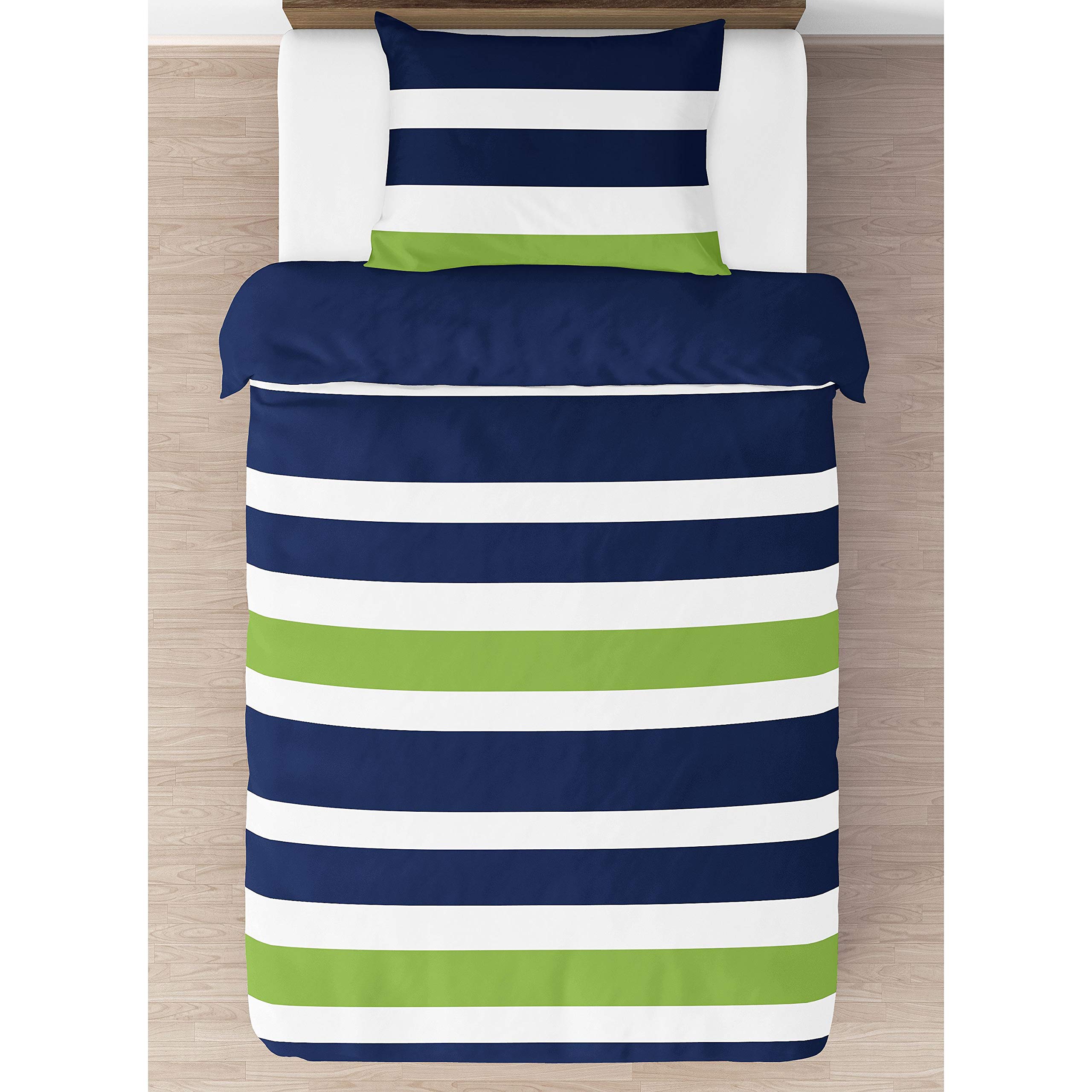 Navy Blue Lime Green and White Stripe 4-Piece Teen Boys Twin Bedding Set - Soft & Durable Comforter, Sheet, Pillowcase Collection for Kids' Bedroom Decor & Cozy Sleep